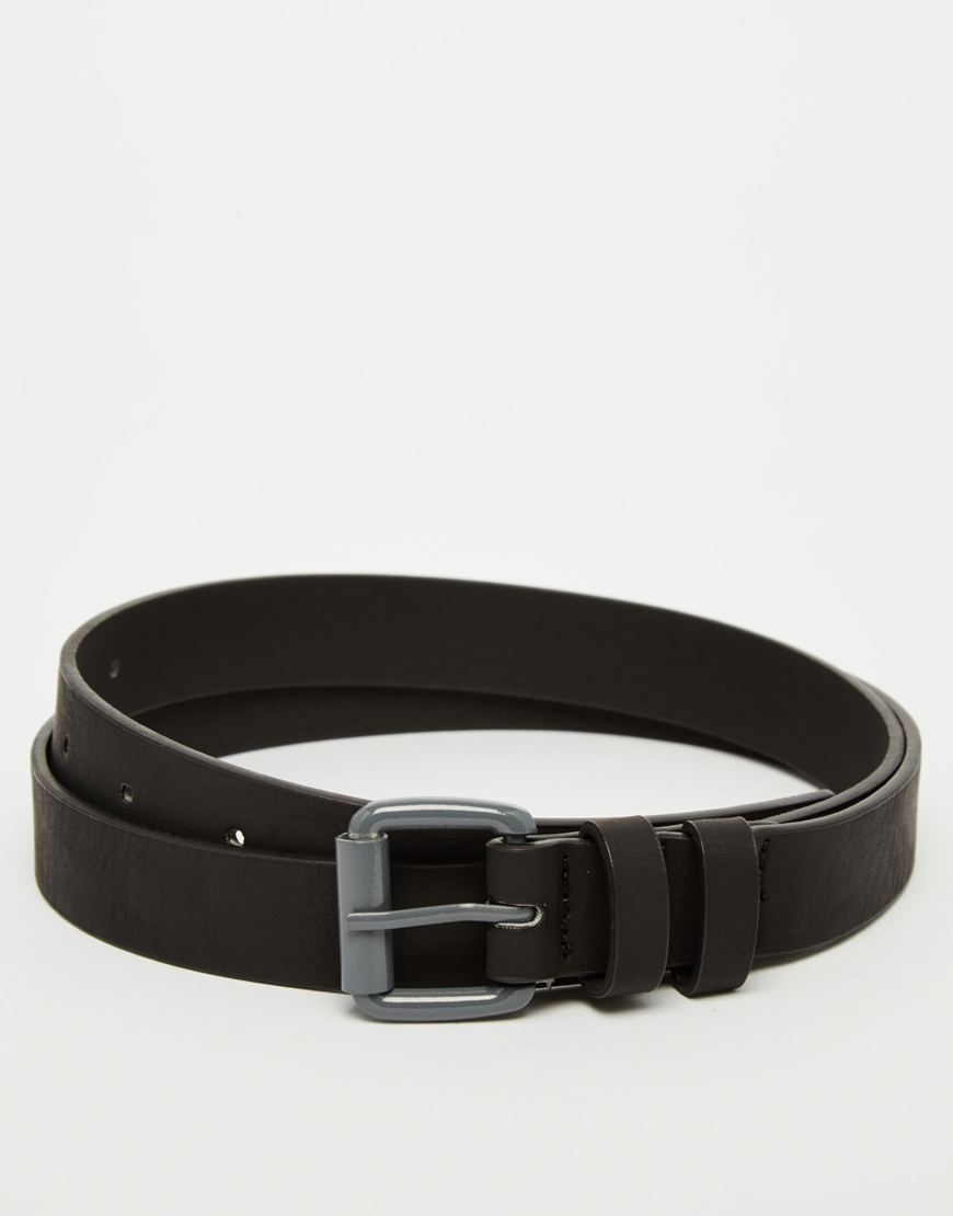 Lyst - Asos Skinny Belt In Black Faux Leather With Grey Buckle in Black ...
