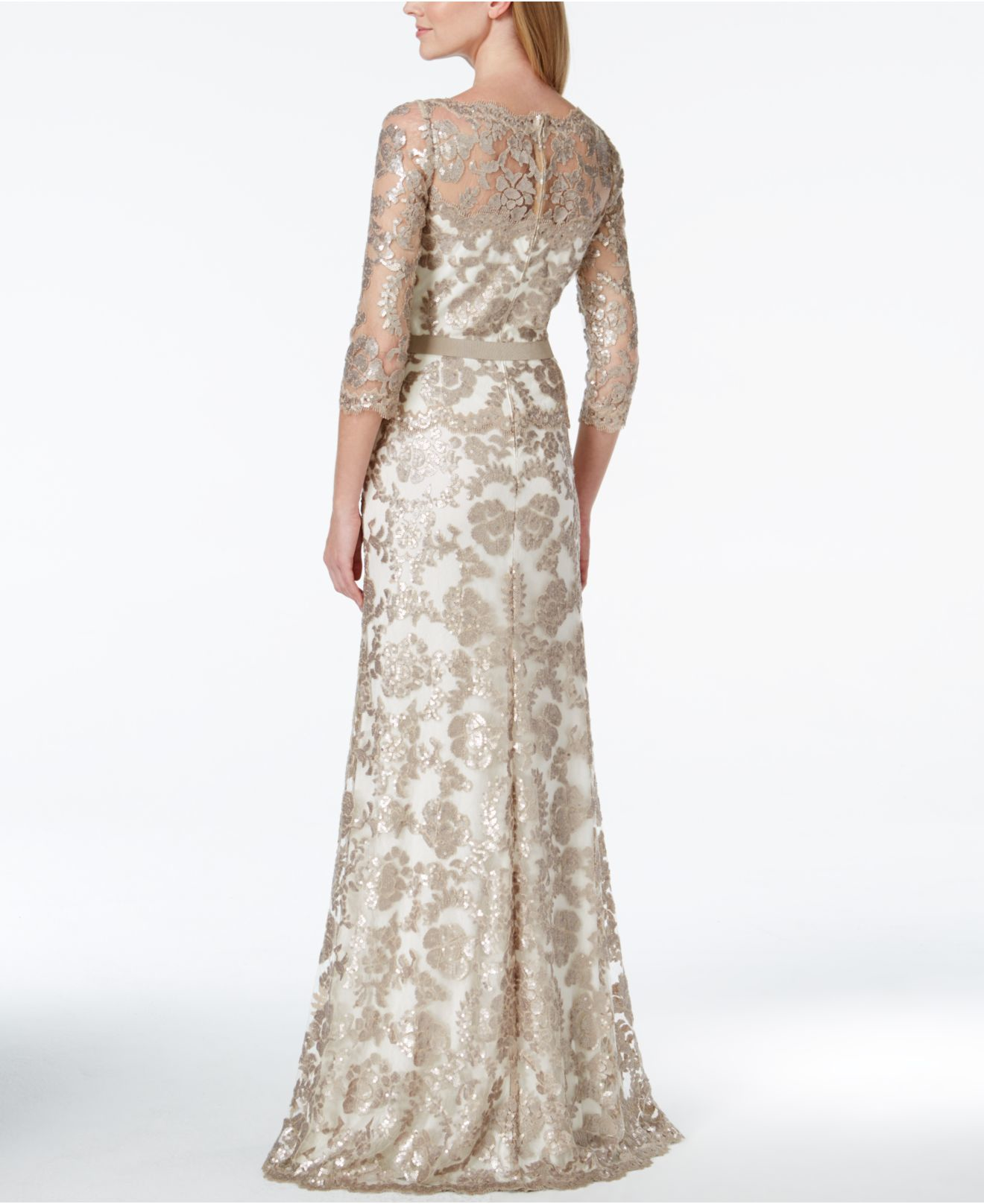 Tadashi Shoji Damask Sequin Lace Bow Gown In Natural Lyst