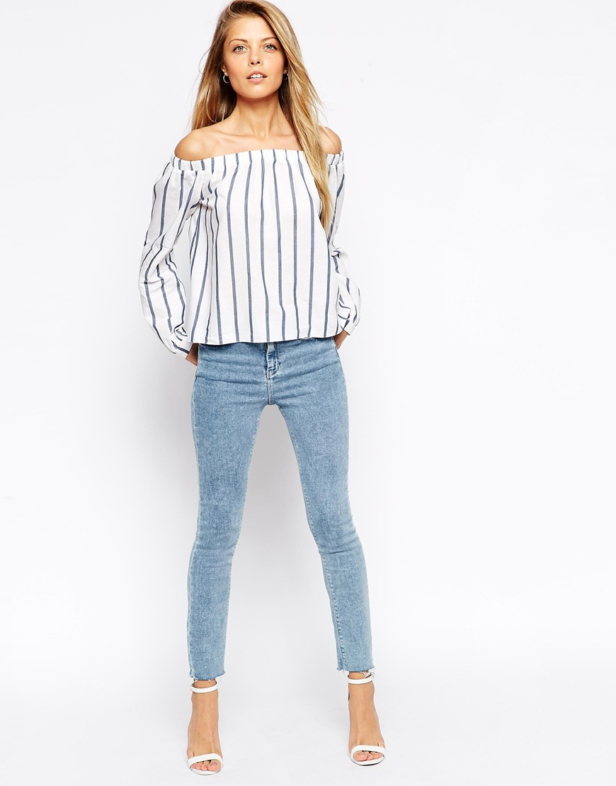 lyst asos woven the shoulder top in stripe in blue lyst asos woven the shoulder top in stripe in blue