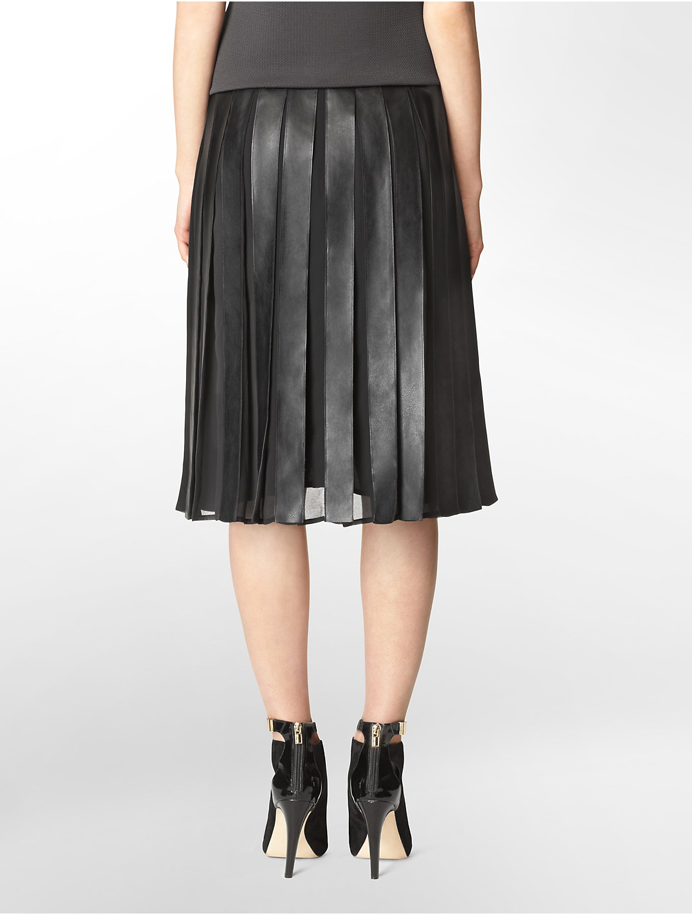 Calvin klein White Label Faux Leather + Chiffon Pleated Skirt in Black ...