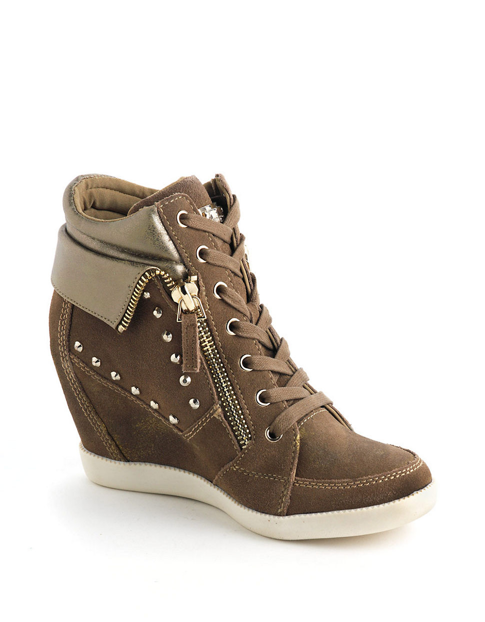 Lyst - Guess Hitzo Studded Suede Hidden Wedge Sneakers in Brown