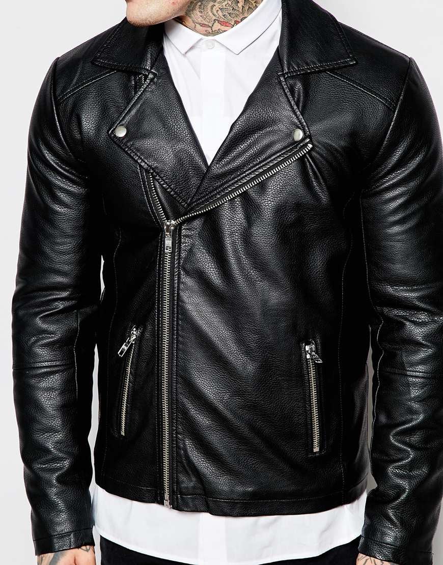 Asos Faux Leather Biker Jacket In Black in Black for Men | Lyst