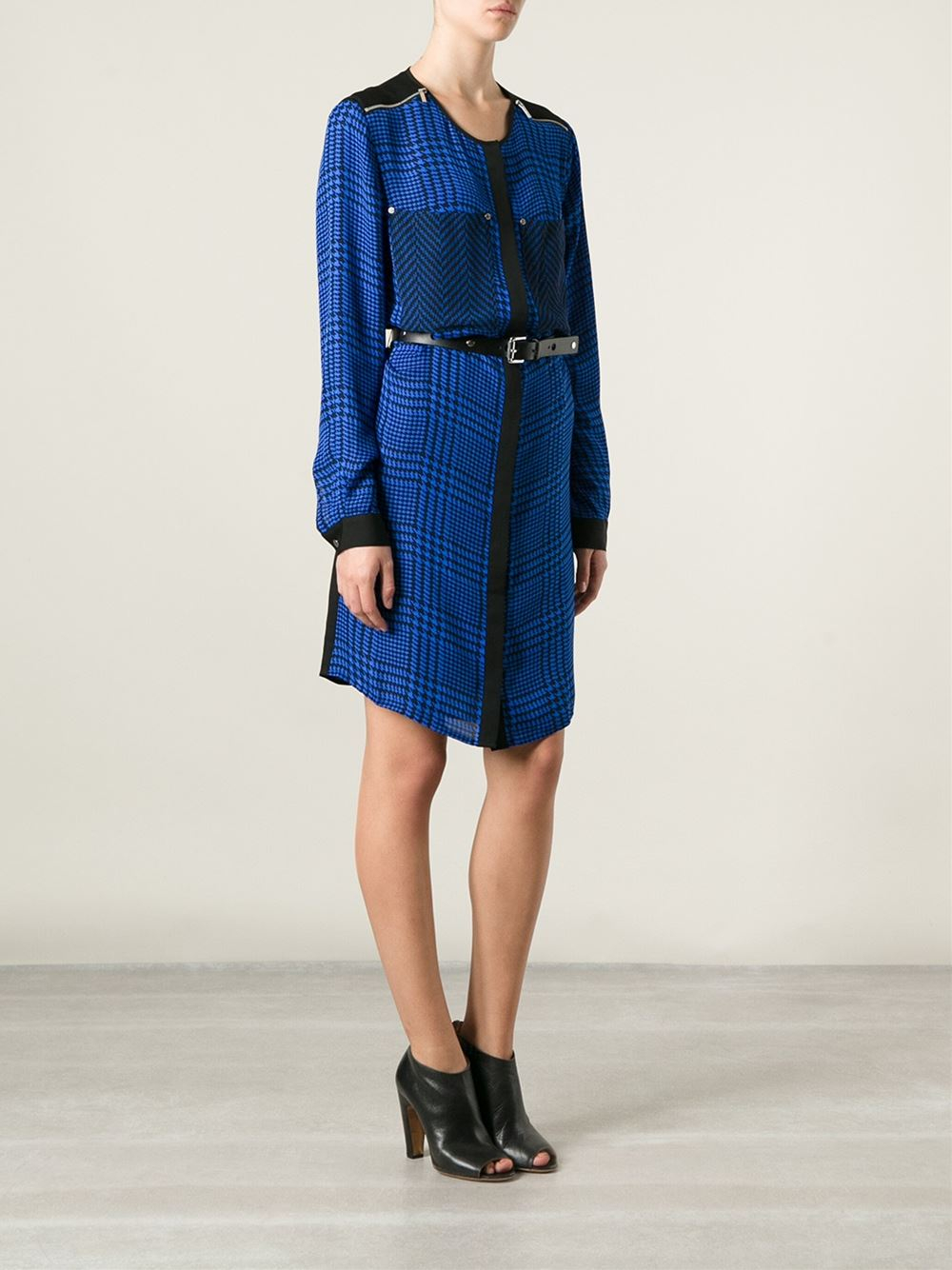 Lyst - Michael Michael Kors Houndstooth Print Belted Dress in Blue