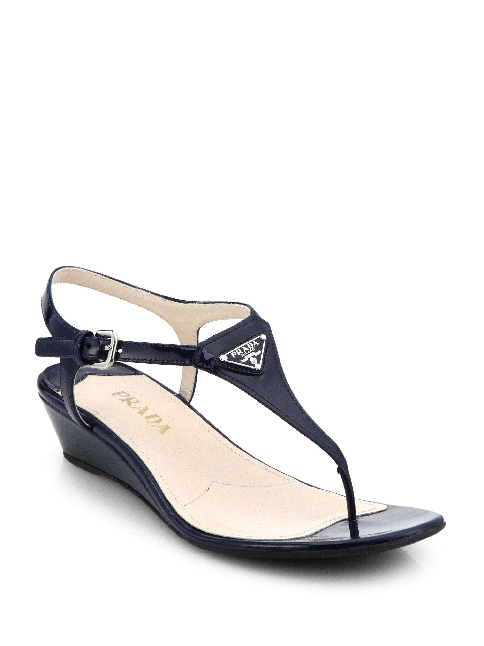 Lyst Prada Patent Leather  Wedge  Thong Sandals  in Blue