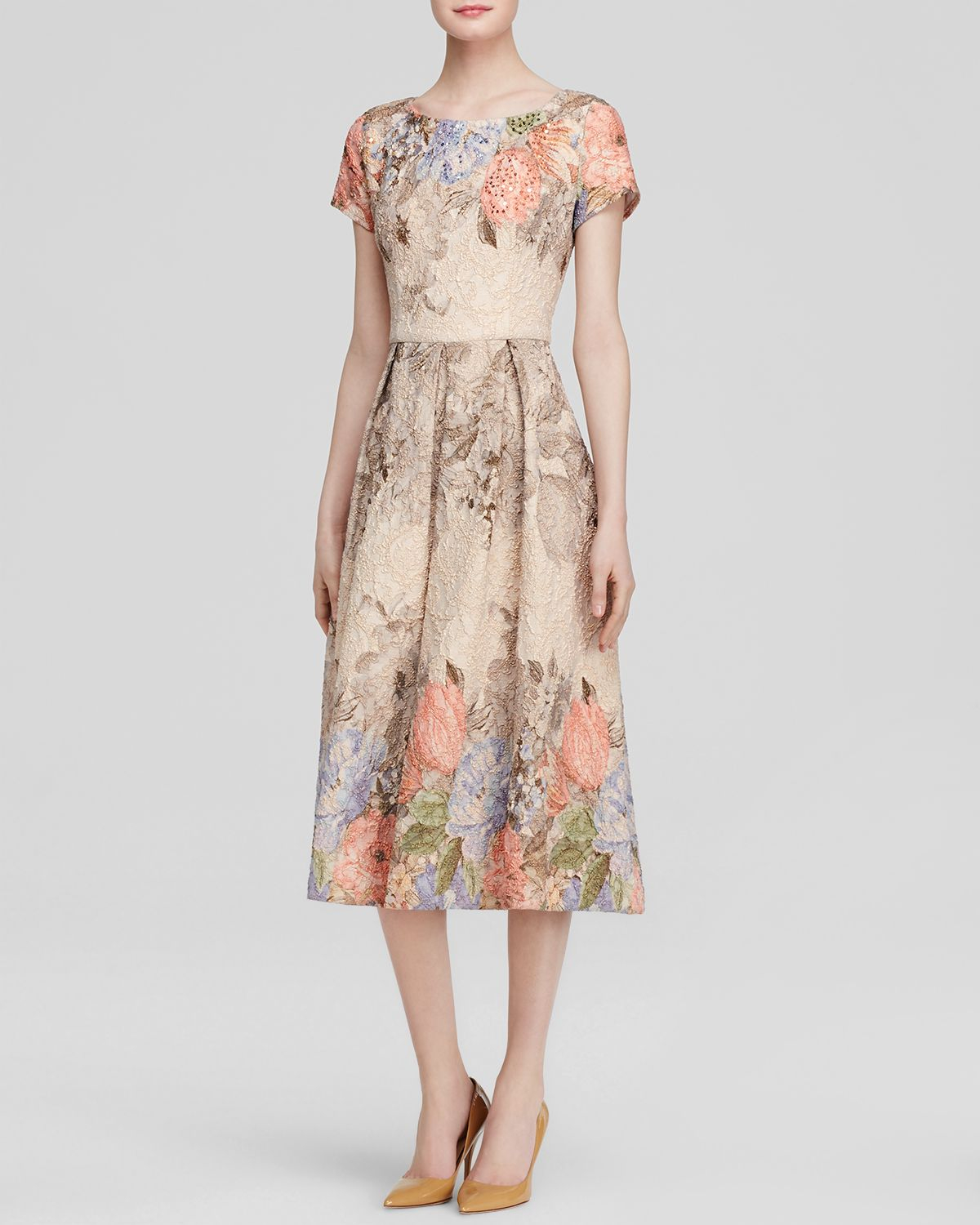 Lyst - Adrianna Papell Dress - Short Sleeve Floral Tea-Length in Pink
