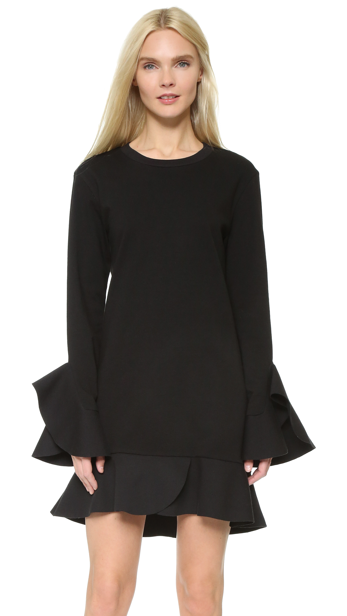 Goen J Cotton Long  Sleeve  Dress  With Ruffle  Trim in Black 