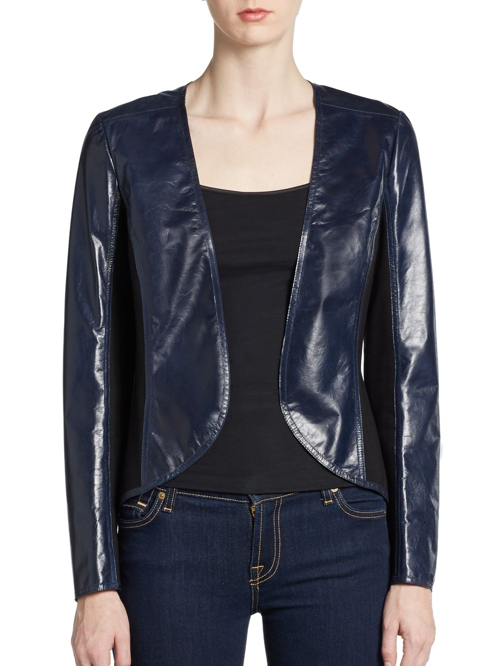 Lafayette 148 New York Cropped Leather Jacket in Blue (light navy) | Lyst