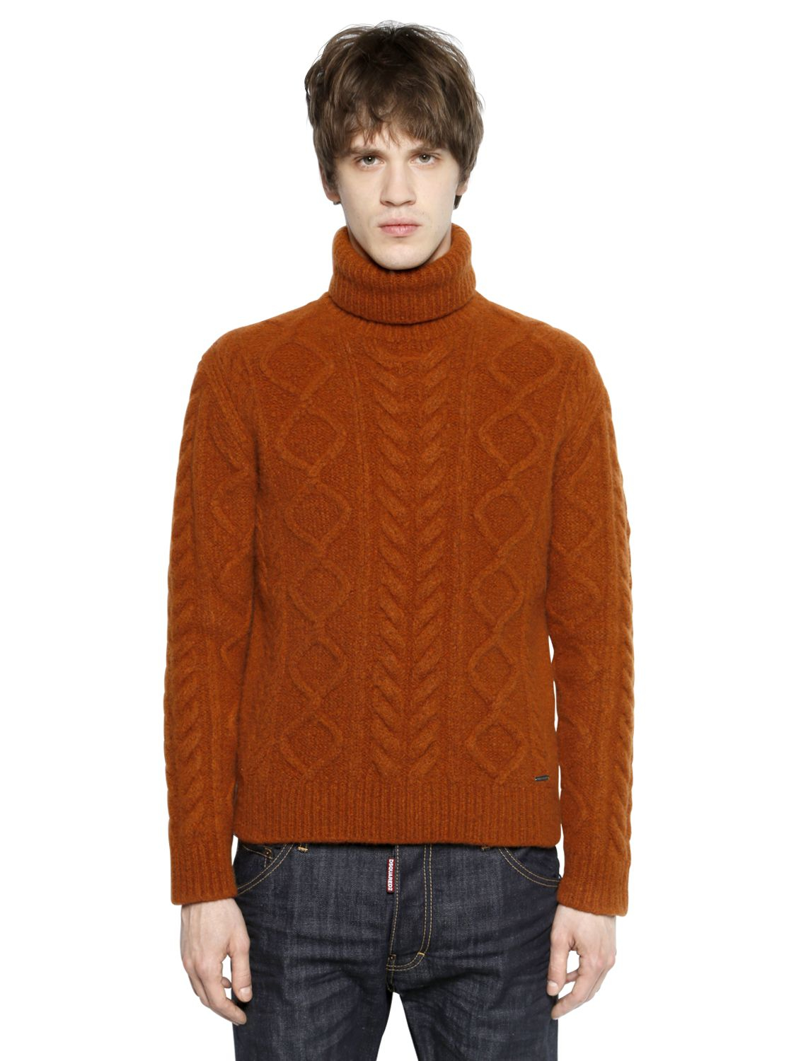 Lyst Dsquared² Wool Blend Cable Knit Turtleneck Sweater in Brown