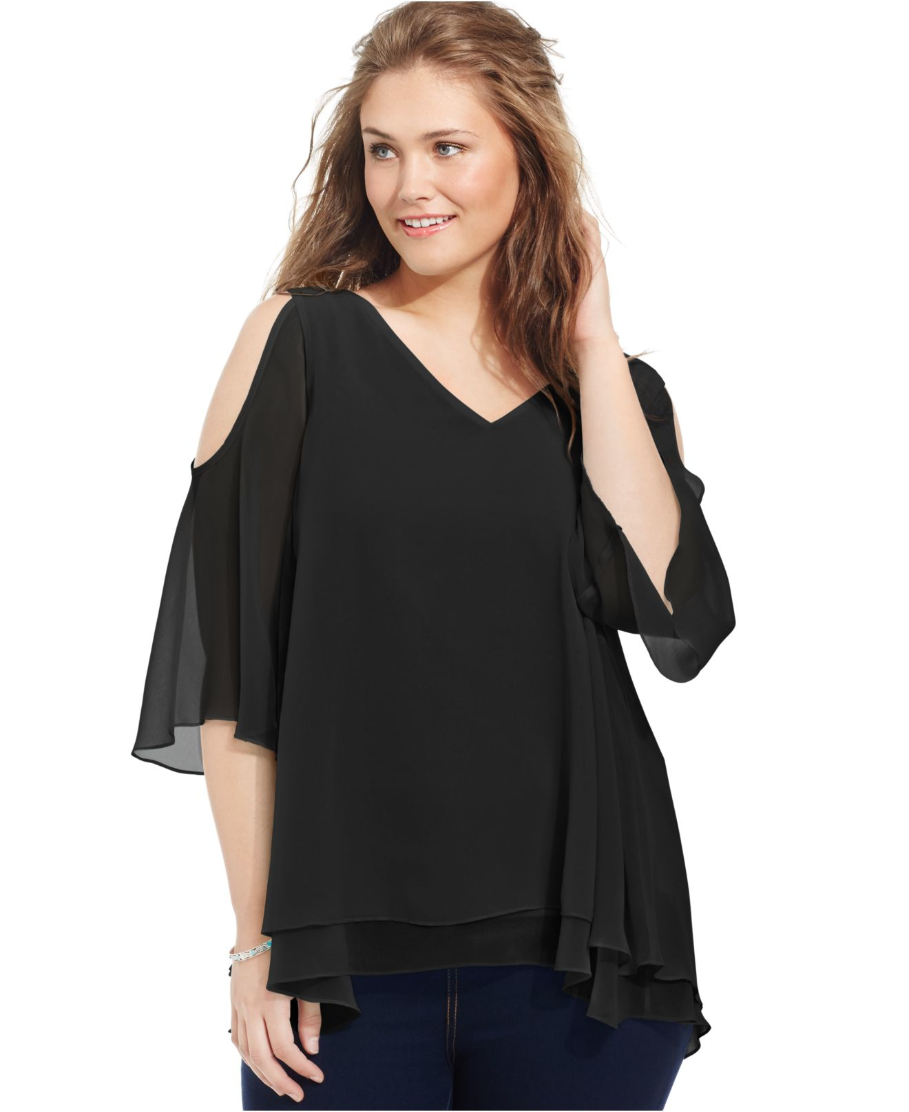 Soprano Plus Size Layered Cold Shoulder Chiffon Blouse In Black Lyst 9794