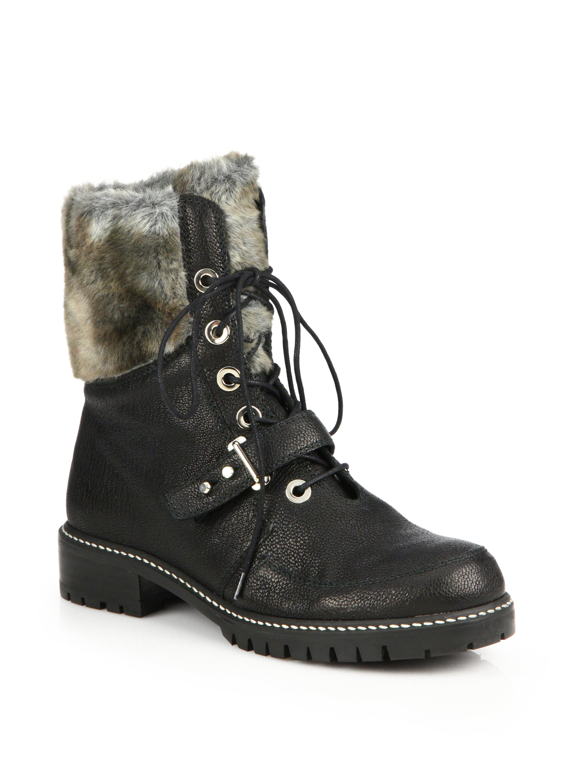 Stuart weitzman Viking Leather & Faux Fur Lace-up Boots in Black | Lyst