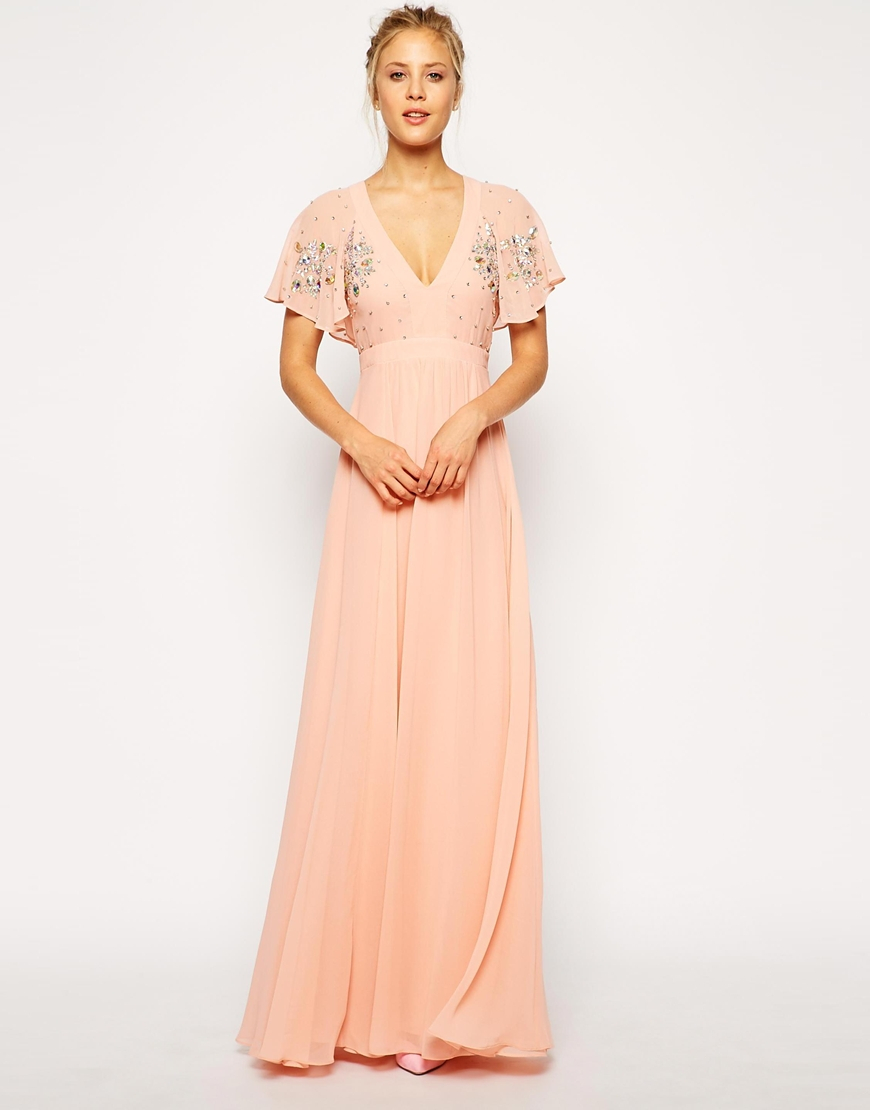 ASOS Flutter Sleeve Beaded Maxi Dress in Pink - Lyst