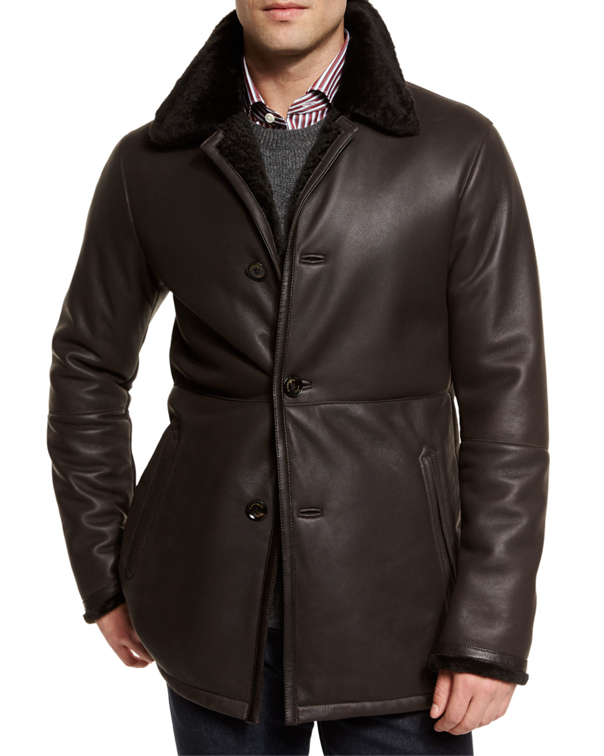 Ermenegildo zegna Leather Jacket With Shearling Fur-lined Collar in ...