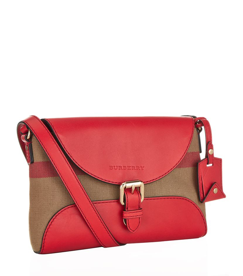 Burberry Small Leather Detail Canvas Check Crossbody Bag in Red Lyst