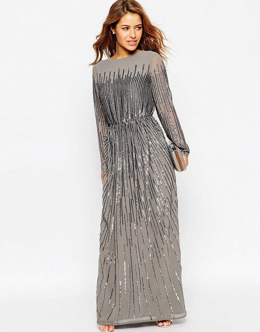 Asos Petite Linear Sequin Long Sleeve Maxi Dress in Gray | Lyst