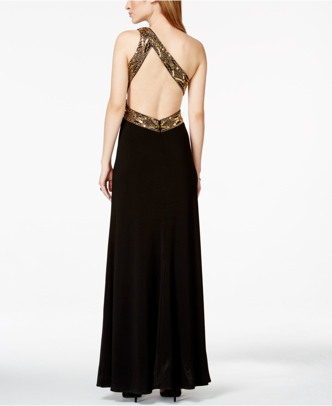 Betsy & Adam Embellished Waistline One-shoulder Evening Gown In Black ...