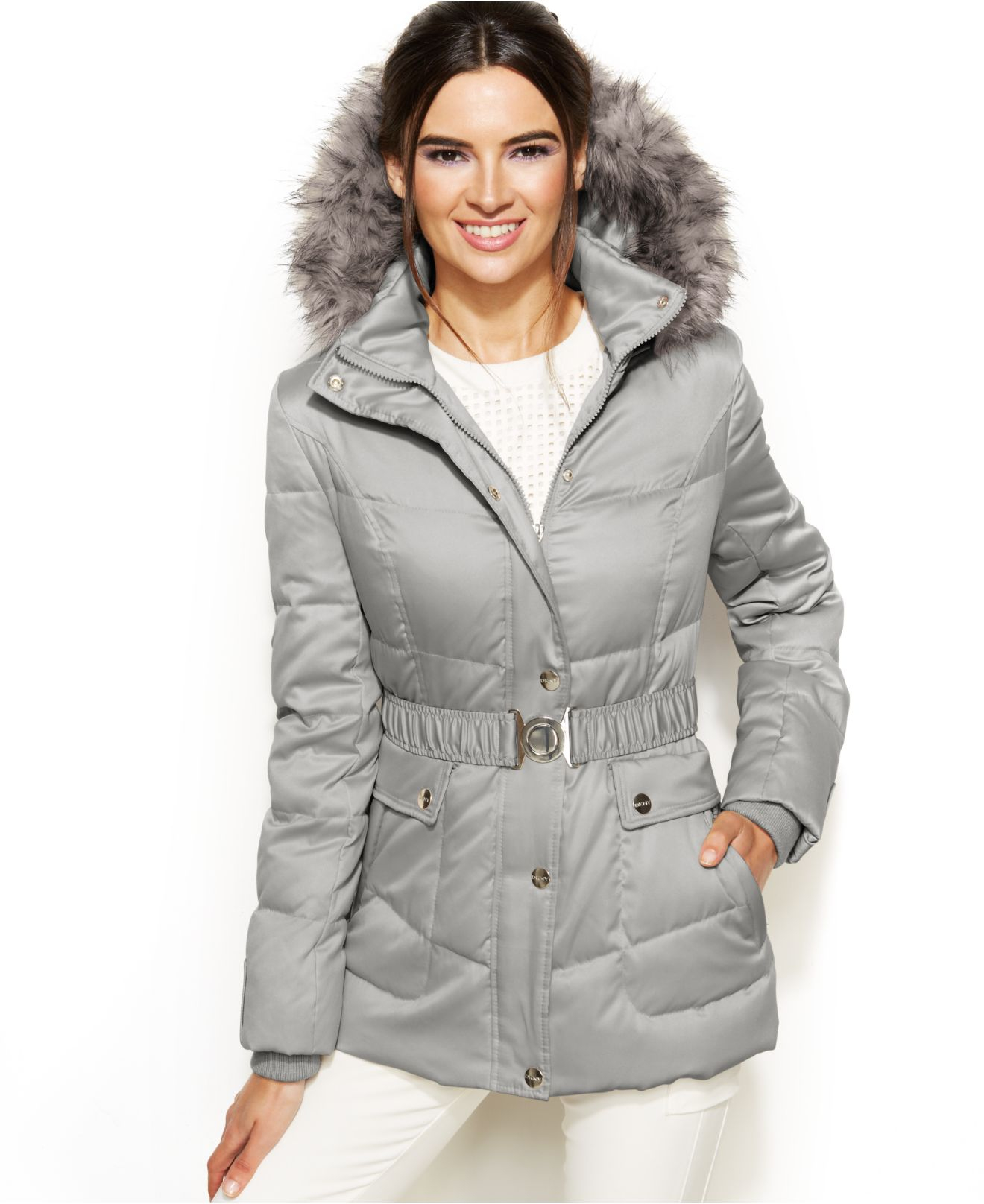 Lyst - Dkny Petite Hooded Faux-Fur-Trim Belted Down Puffer Coat in Gray