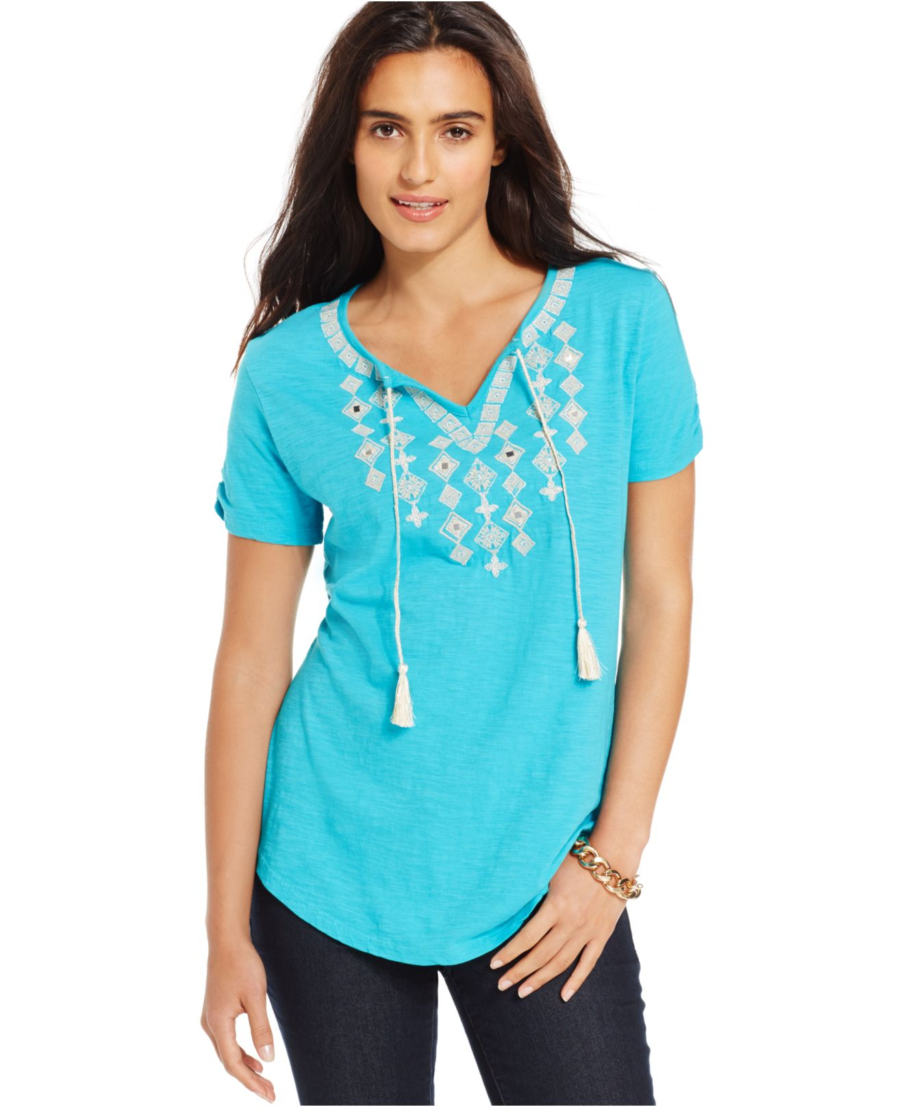 Style & co. Petite Embellished Peasant Top in White (Moroccan Tile) | Lyst