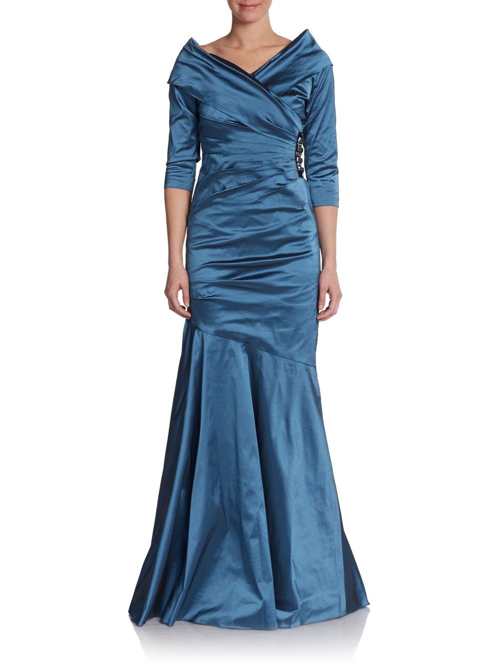 Teri jon Portrait-Collar Satin Gown in Blue | Lyst