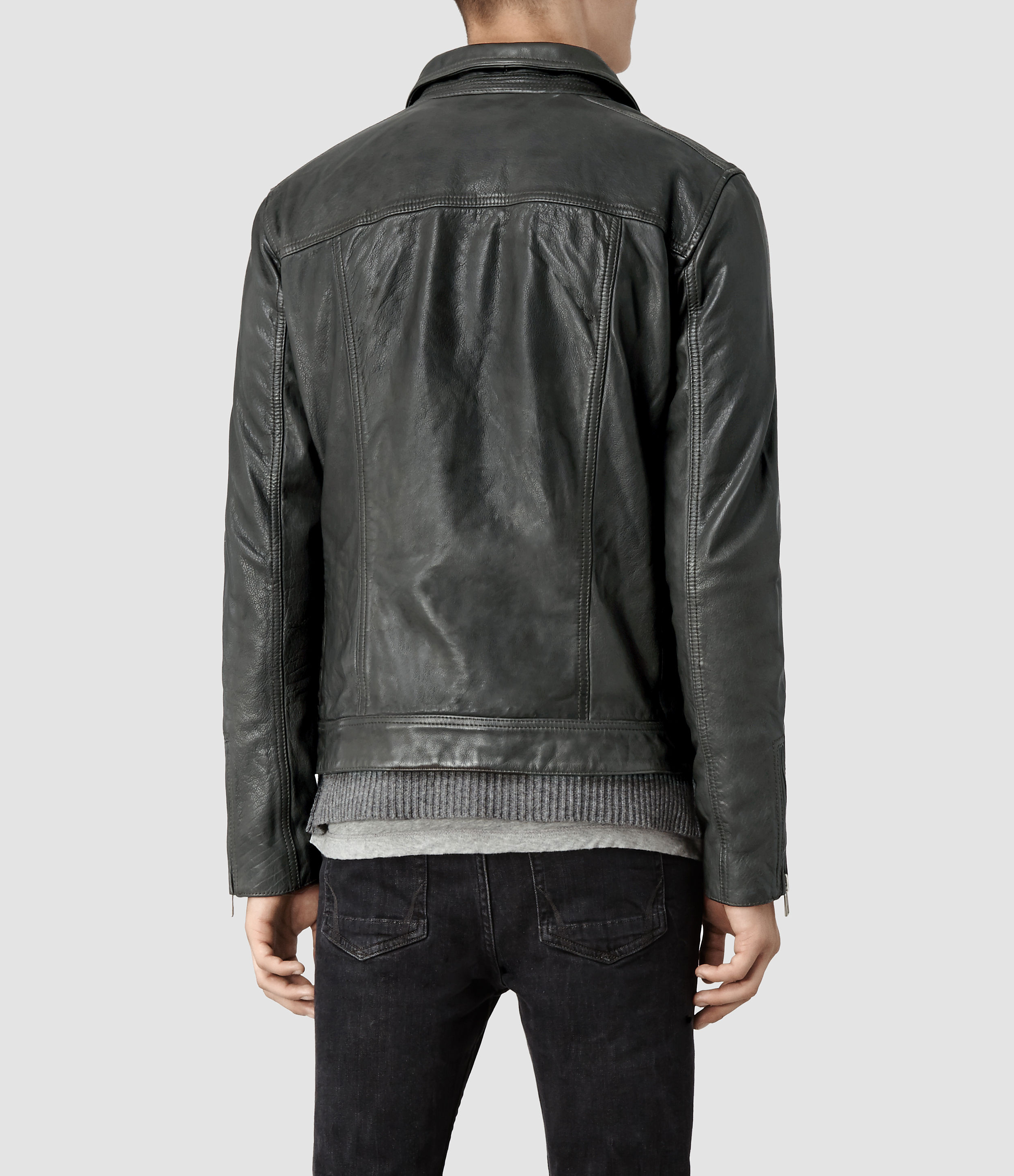 AllSaints Akira Leather Biker Jacket in Gray for Men - Lyst