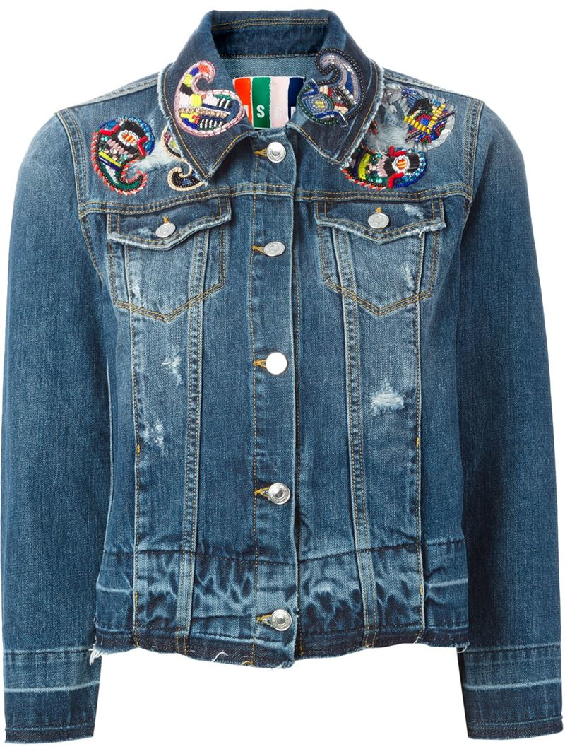 Lyst - Msgm Beaded Paisley-Patch Denim Jacket in Blue