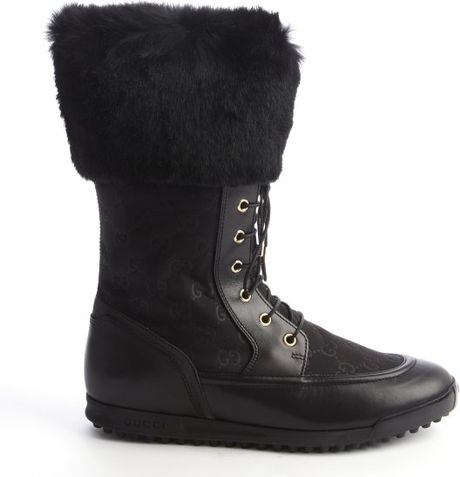 Gucci Black Gg Nylon Rabbit Fur Trim Lace-up Boots in Black | Lyst