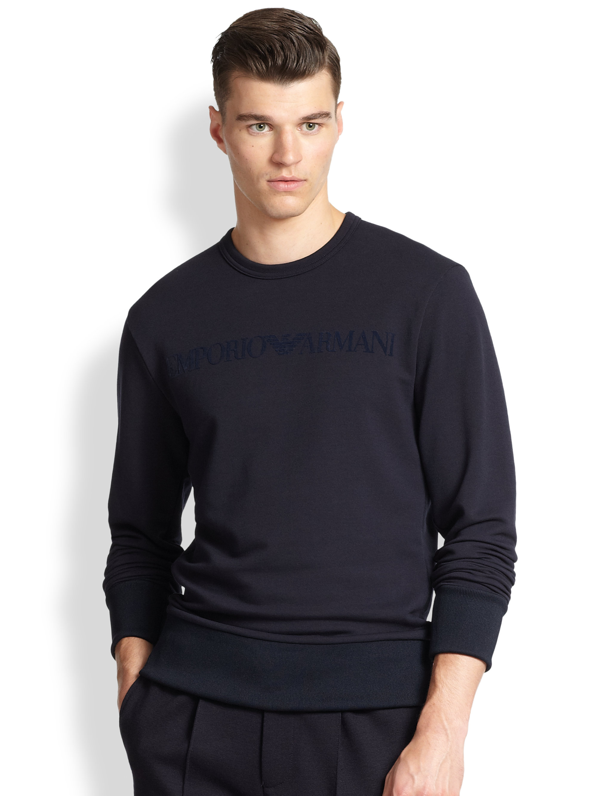 Emporio Armani Flocked Logo Sweatshirt in Blue for Men (NAVY) | Lyst