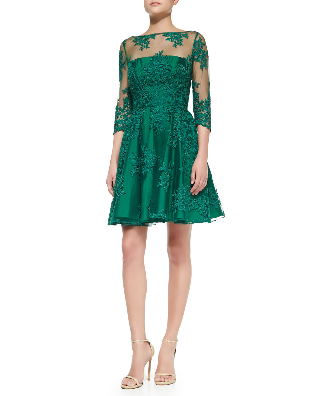 Lyst Ml Monique Lhuillier 3 4 Sleeve Lace Illusion Cocktail Dress In