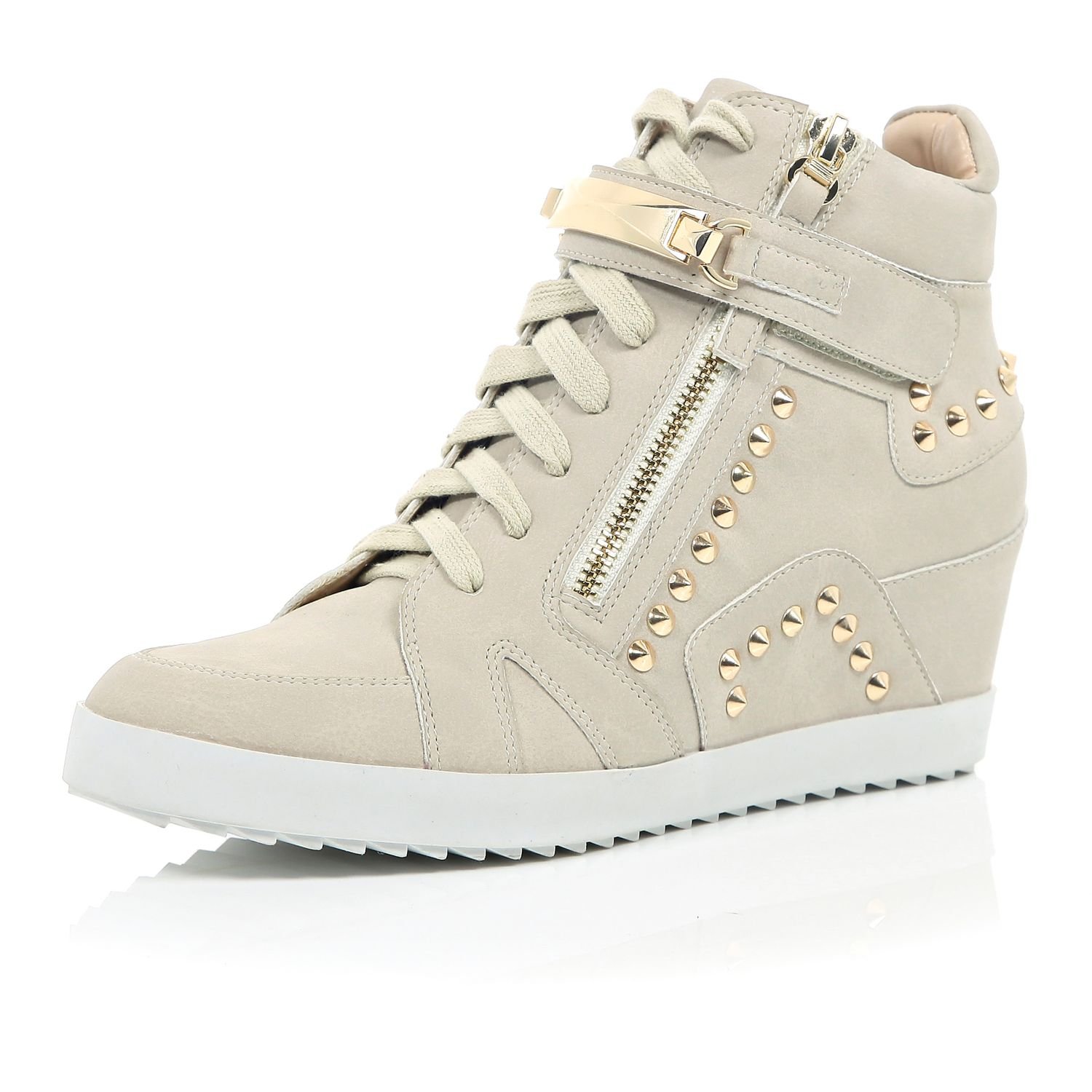 River island Grey Studded Wedged High Top Trainers in Beige (Grey) | Lyst
