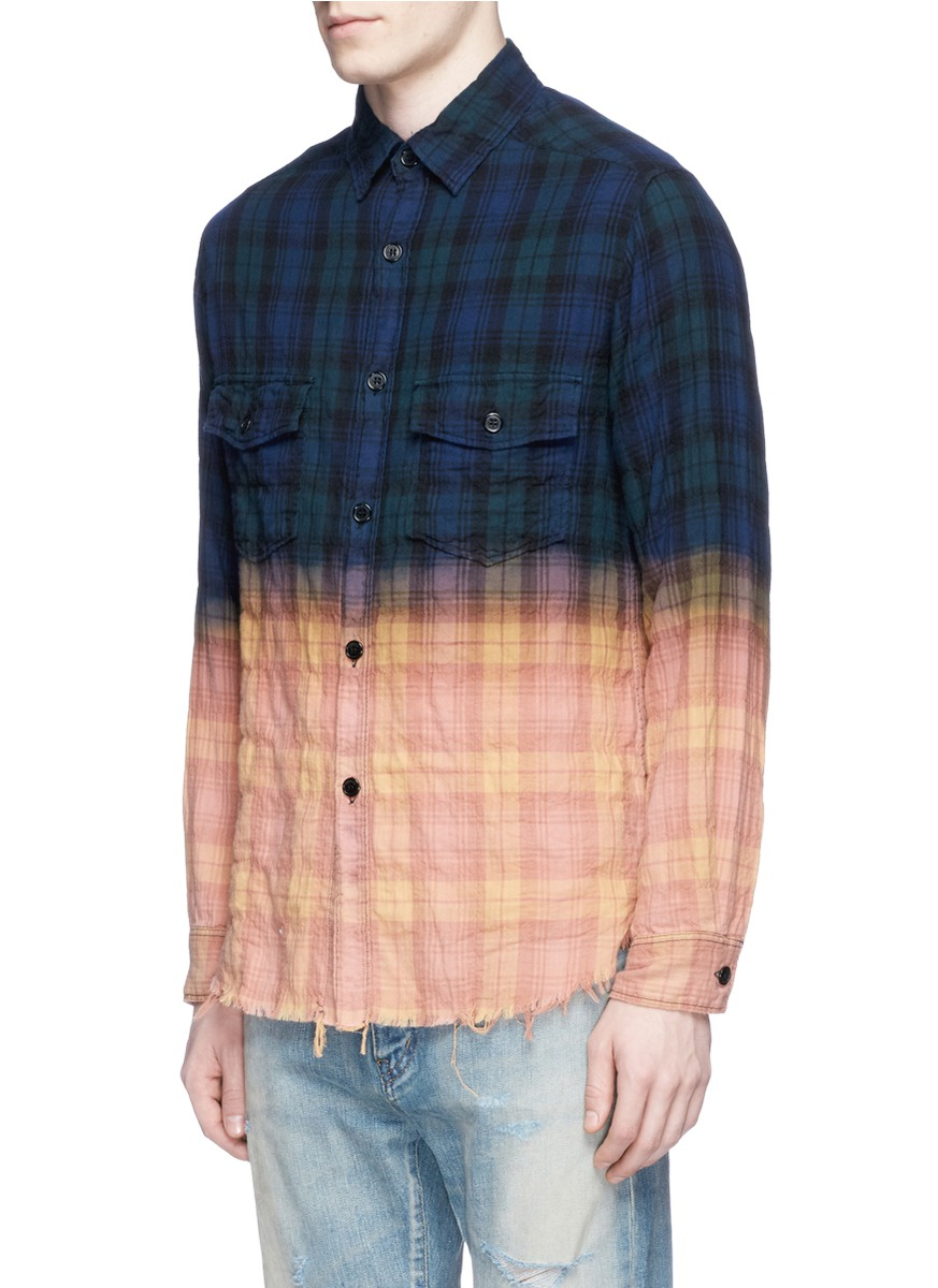 Lyst - Saint Laurent Tie Dye Effect Check Distressed Flannel Shirt for Men