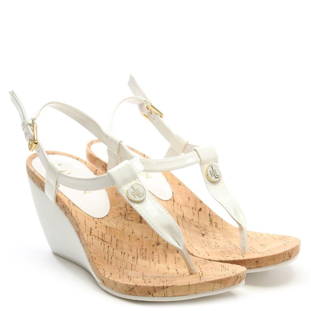 Lauren by ralph lauren Reeta White Patent Corked Wedge Sandals in White ...