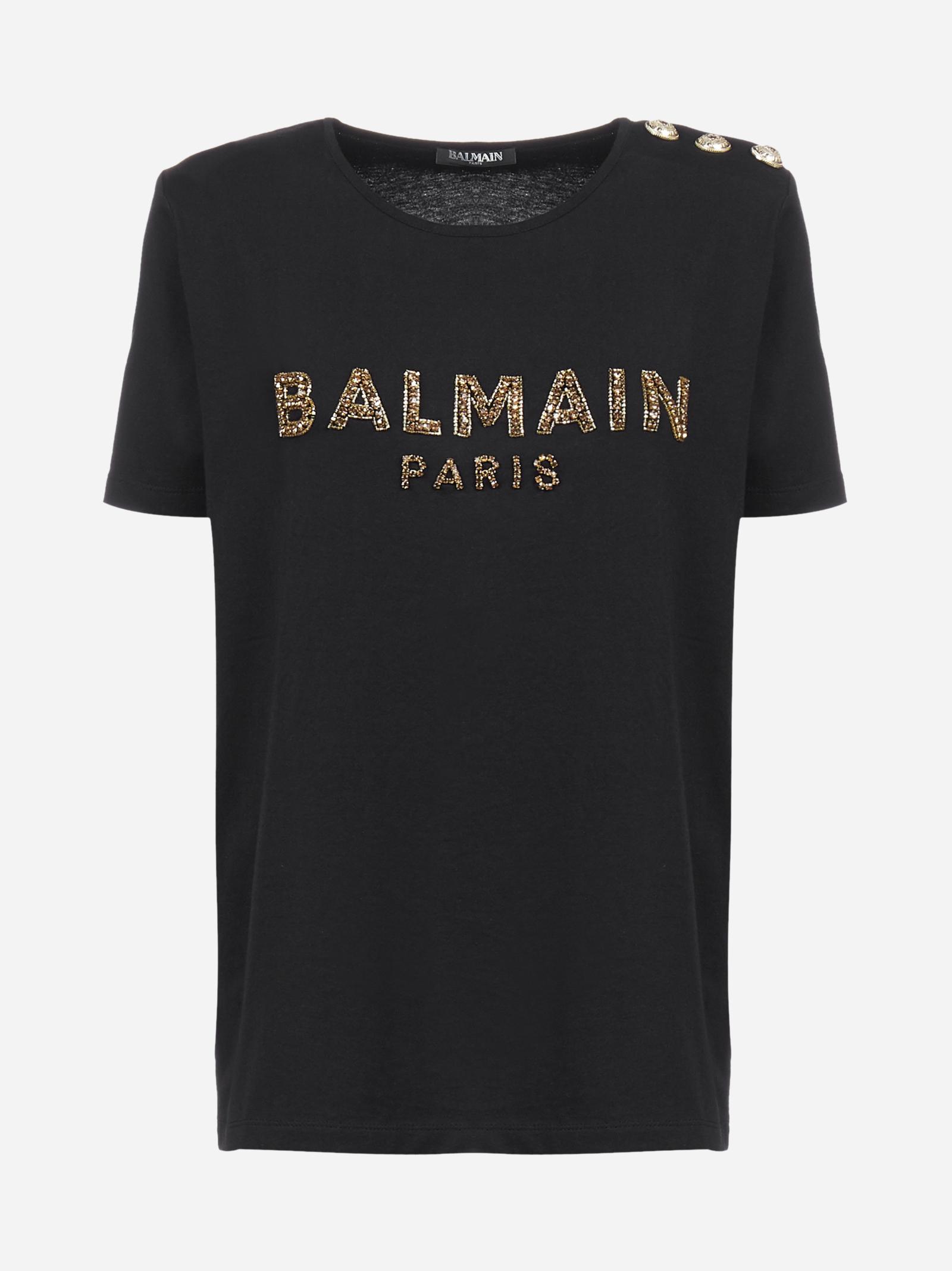 Balmain Rhinestone Embroidered Logo Cotton T-shirt in Black - Lyst
