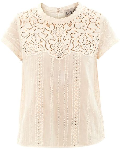 Sea Lace Short Sleeved Cotton Top in Beige (CREAM) | Lyst