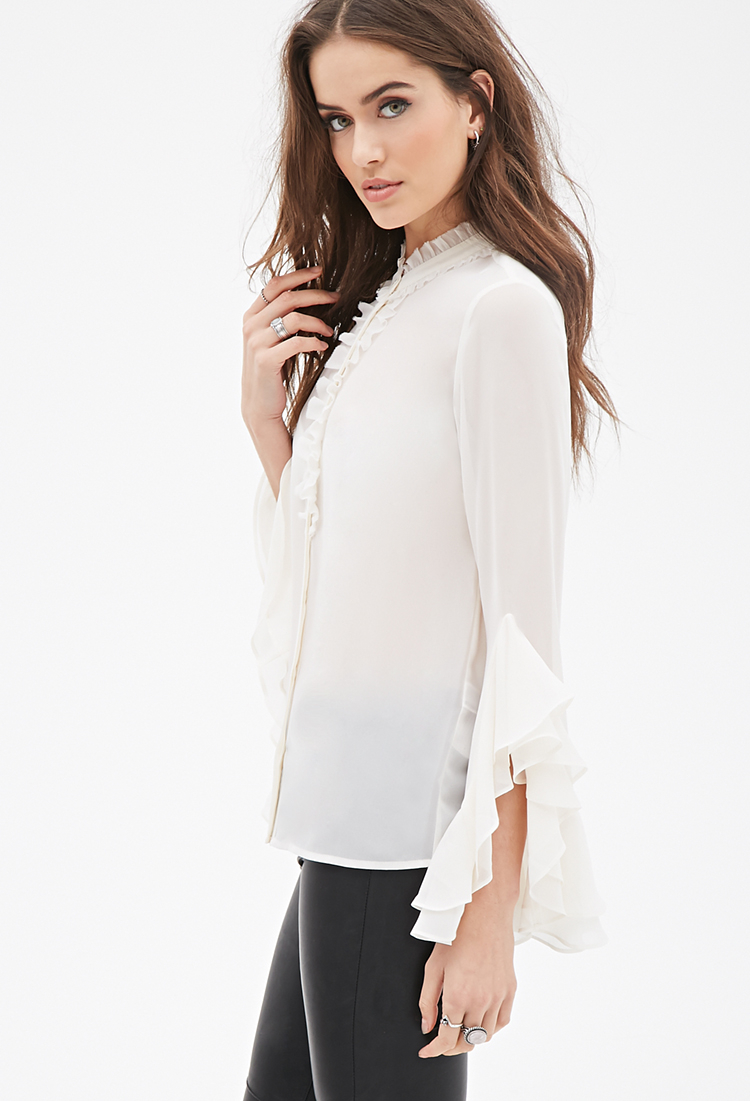 Lyst - Forever 21 Tiered Flounce-sleeved Blouse in Natural