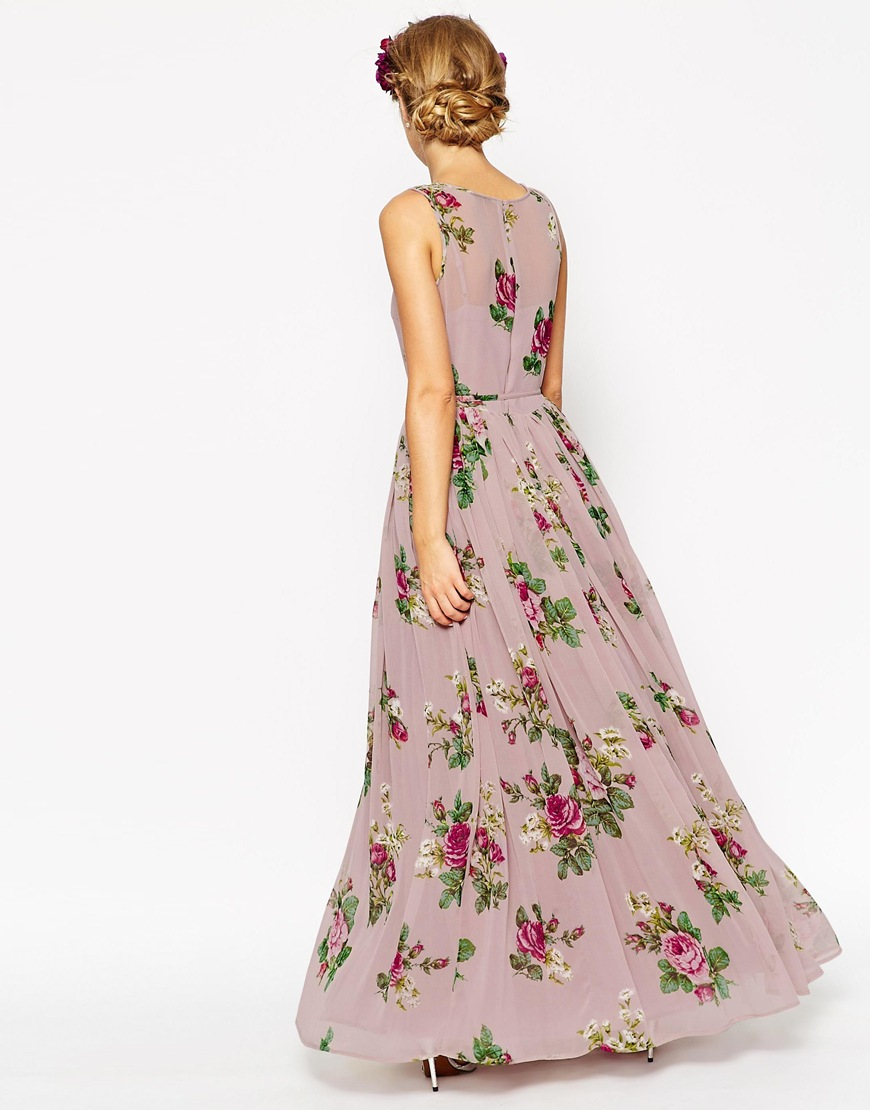 Lyst Asos Wedding Super Full Maxi Dress In Fl Print Pink