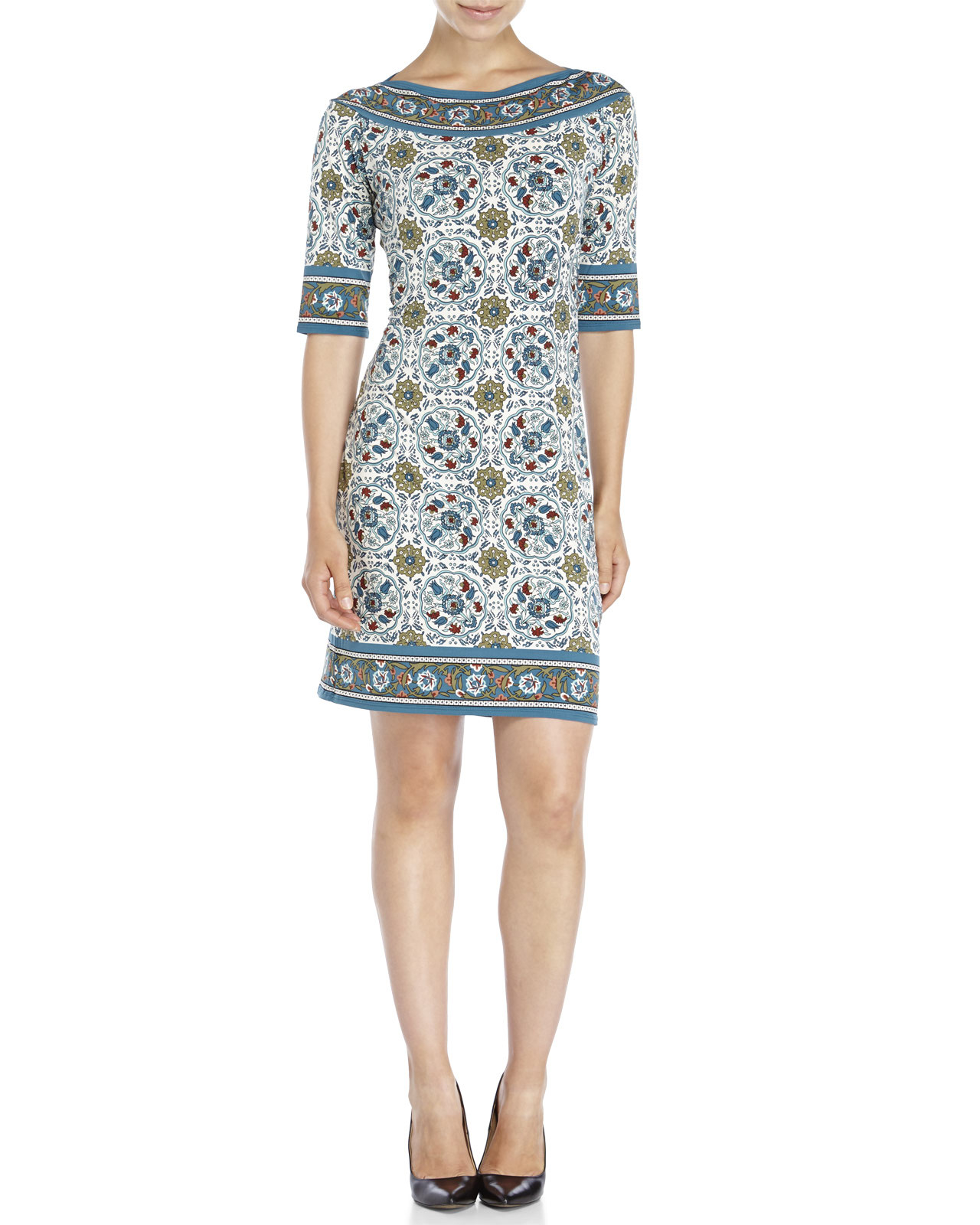 Max Studio Printed Boatneck Shift Dress In Blue Lyst   Max Studio Beigeolive Printed Boatneck Shift Dress Beige Product 0 872452048 Normal 