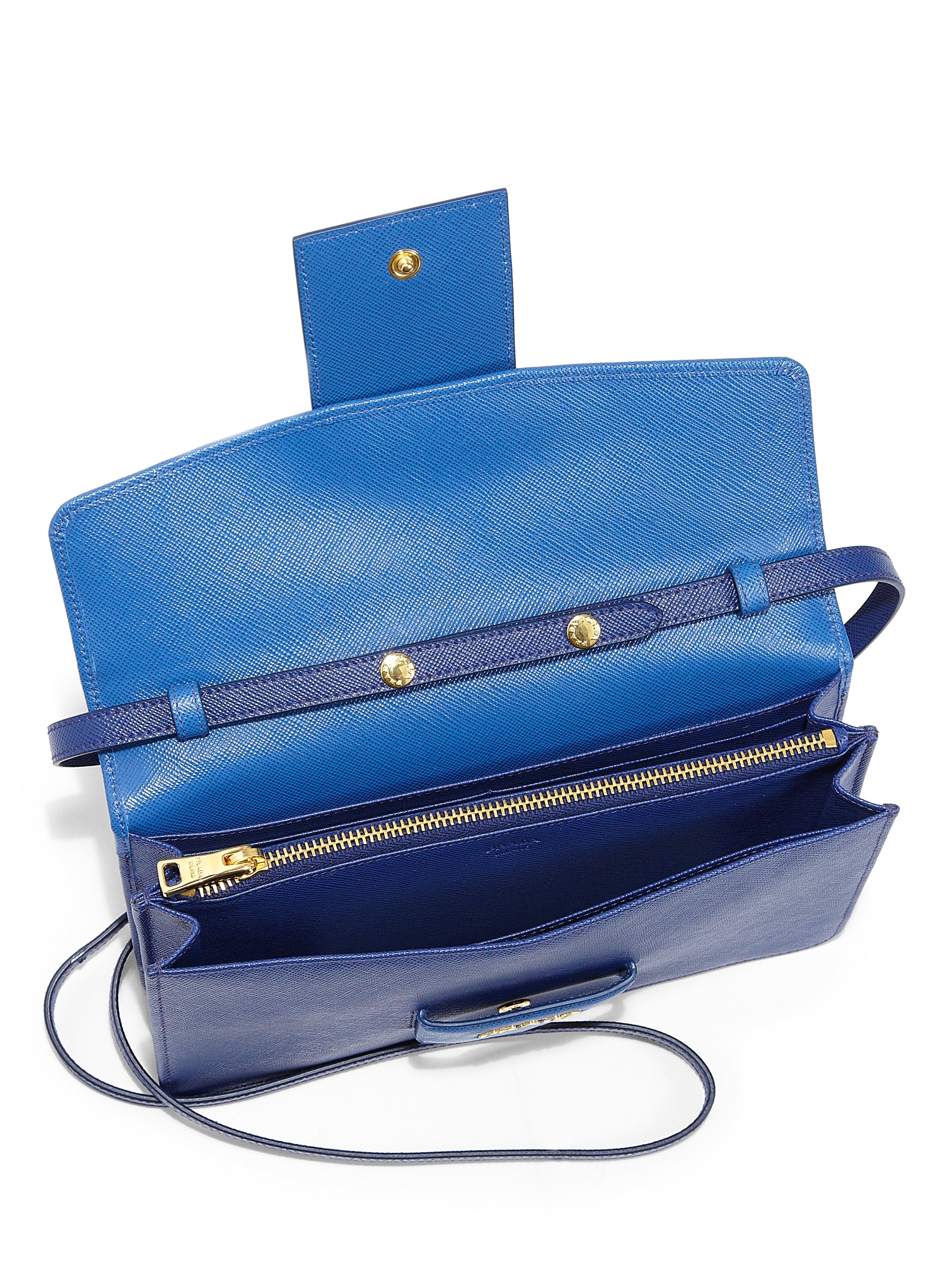 Prada Saffiano Bicolor Crossbody Wallet in Blue | Lyst