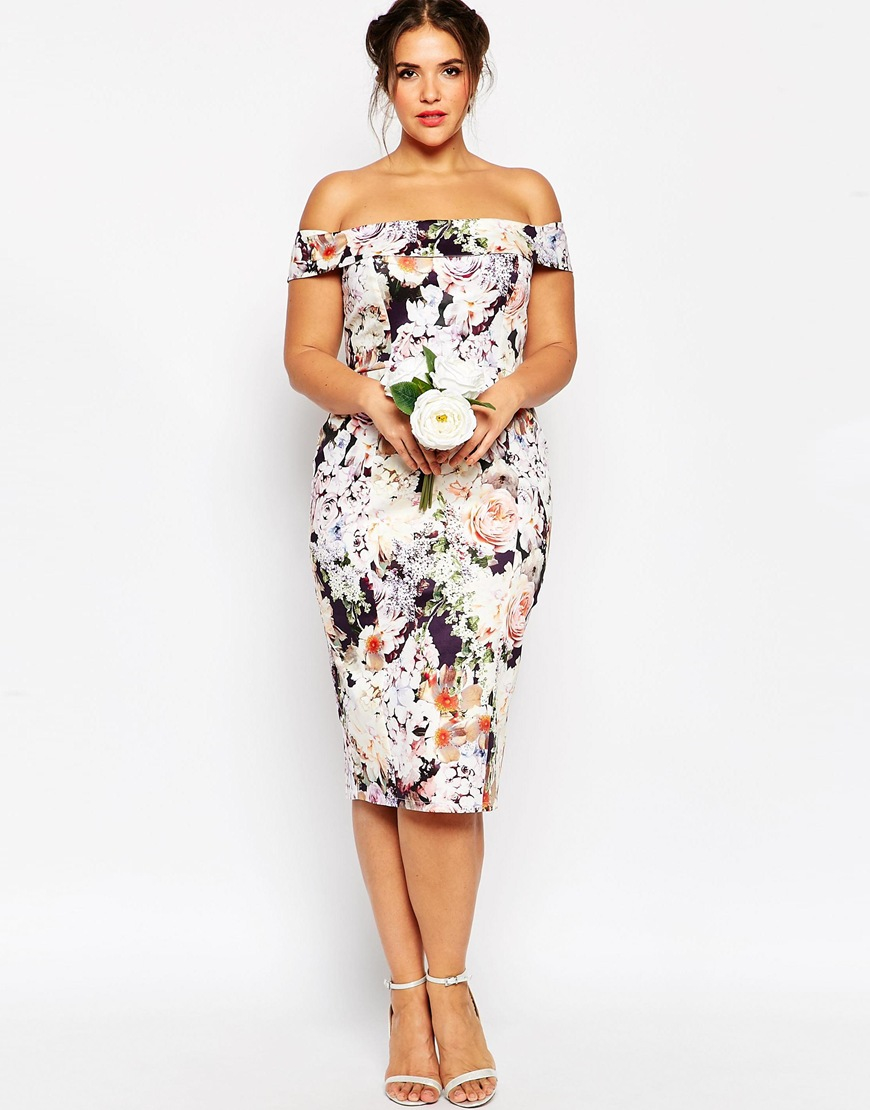 Asos Wedding Bardot Floral Off Shoulder Pencil Dress | Lyst