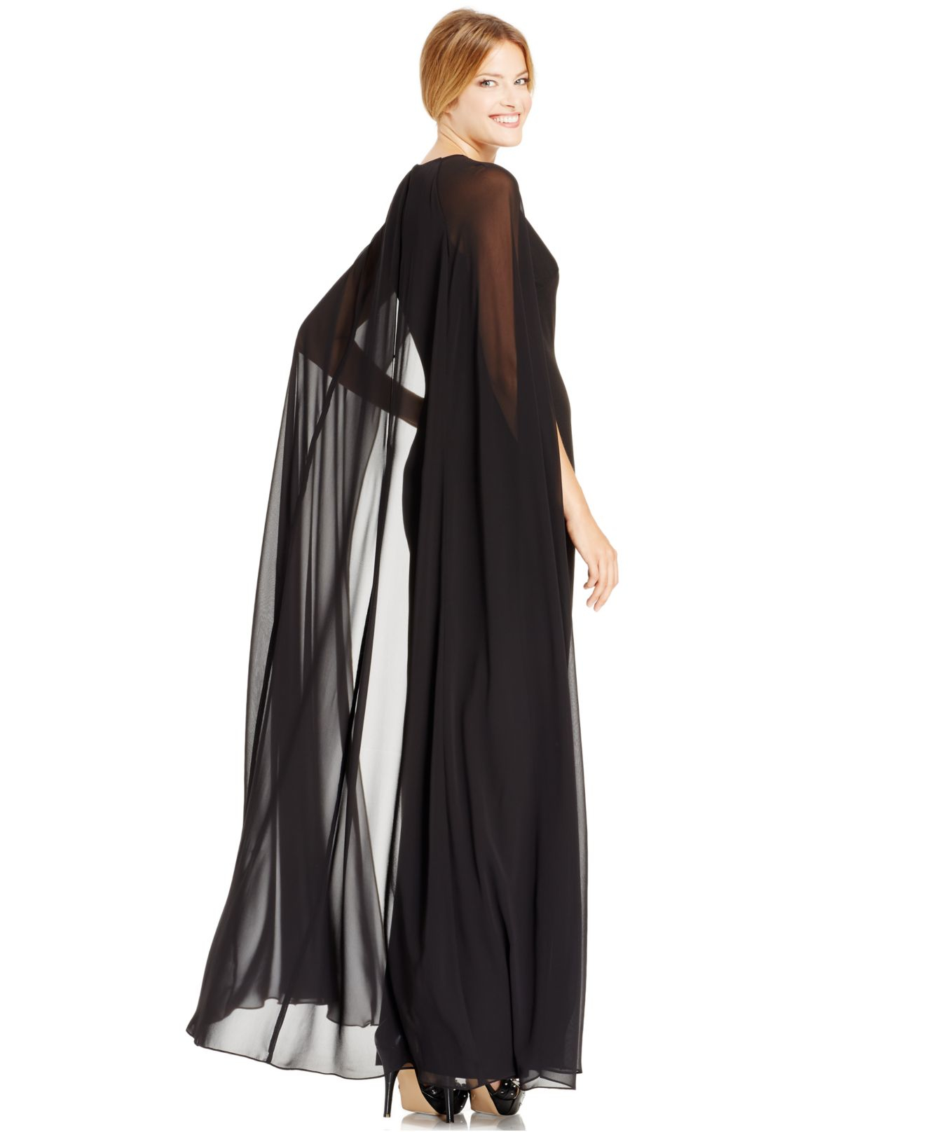 cape overlay chiffon gown