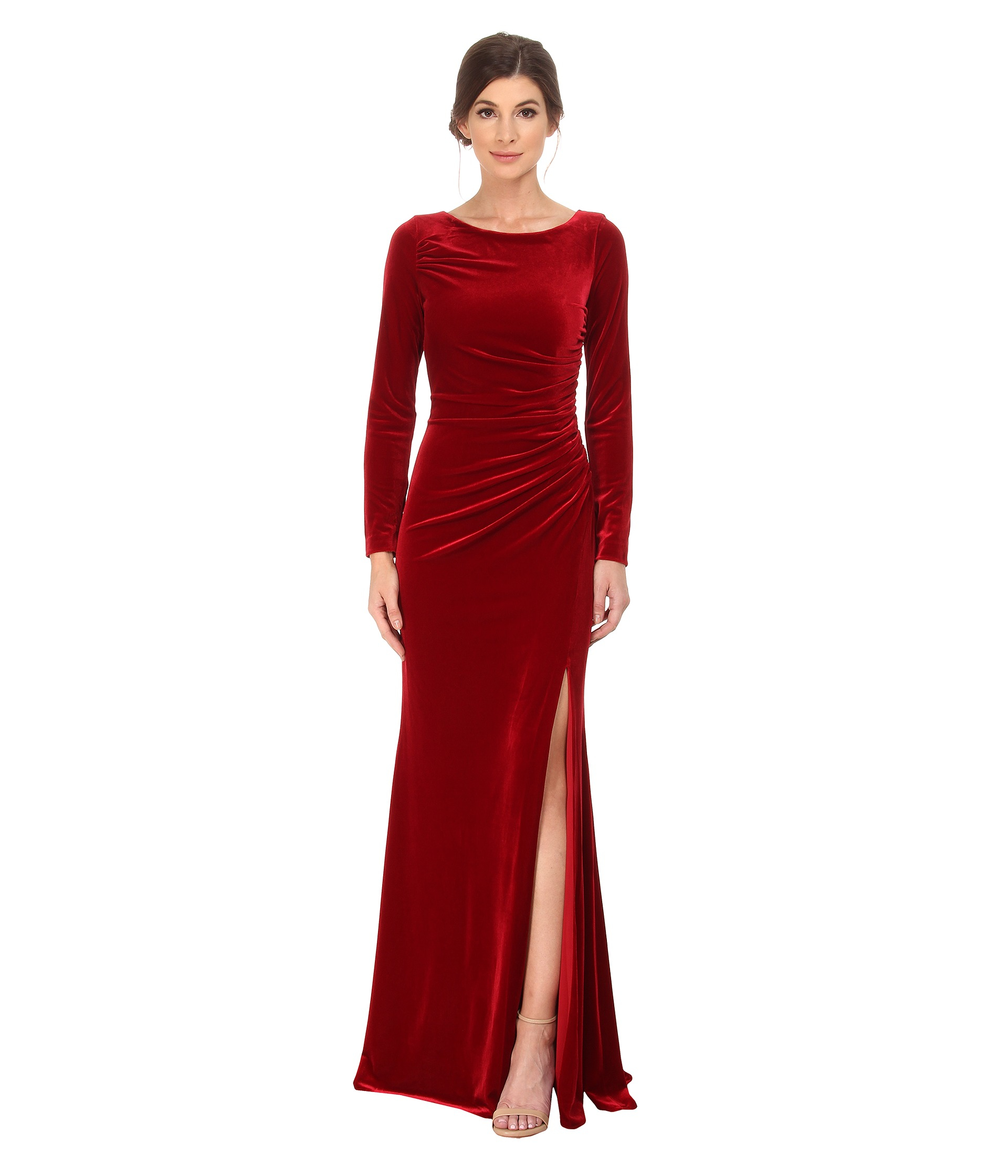 Lyst - Badgley Mischka Long Sleeve Stretch Velvet Gown in Red