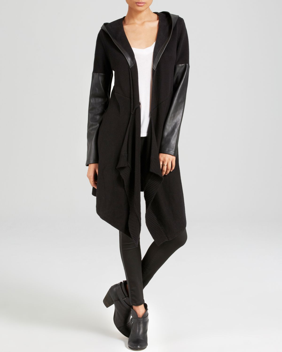 Blank Cardigan Faux Leather Sleeve In Black Lyst Gallery