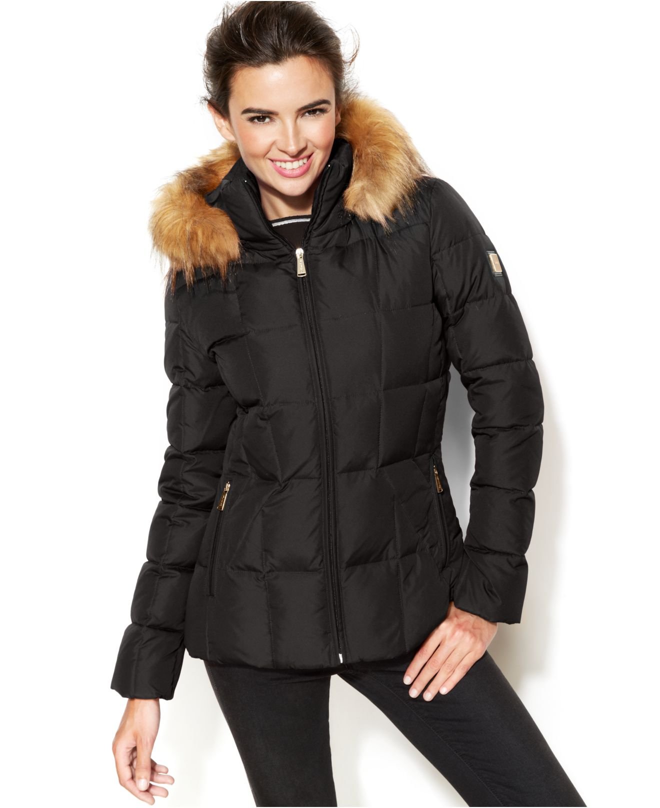 hooded down puffer jacket with a faux fur trim