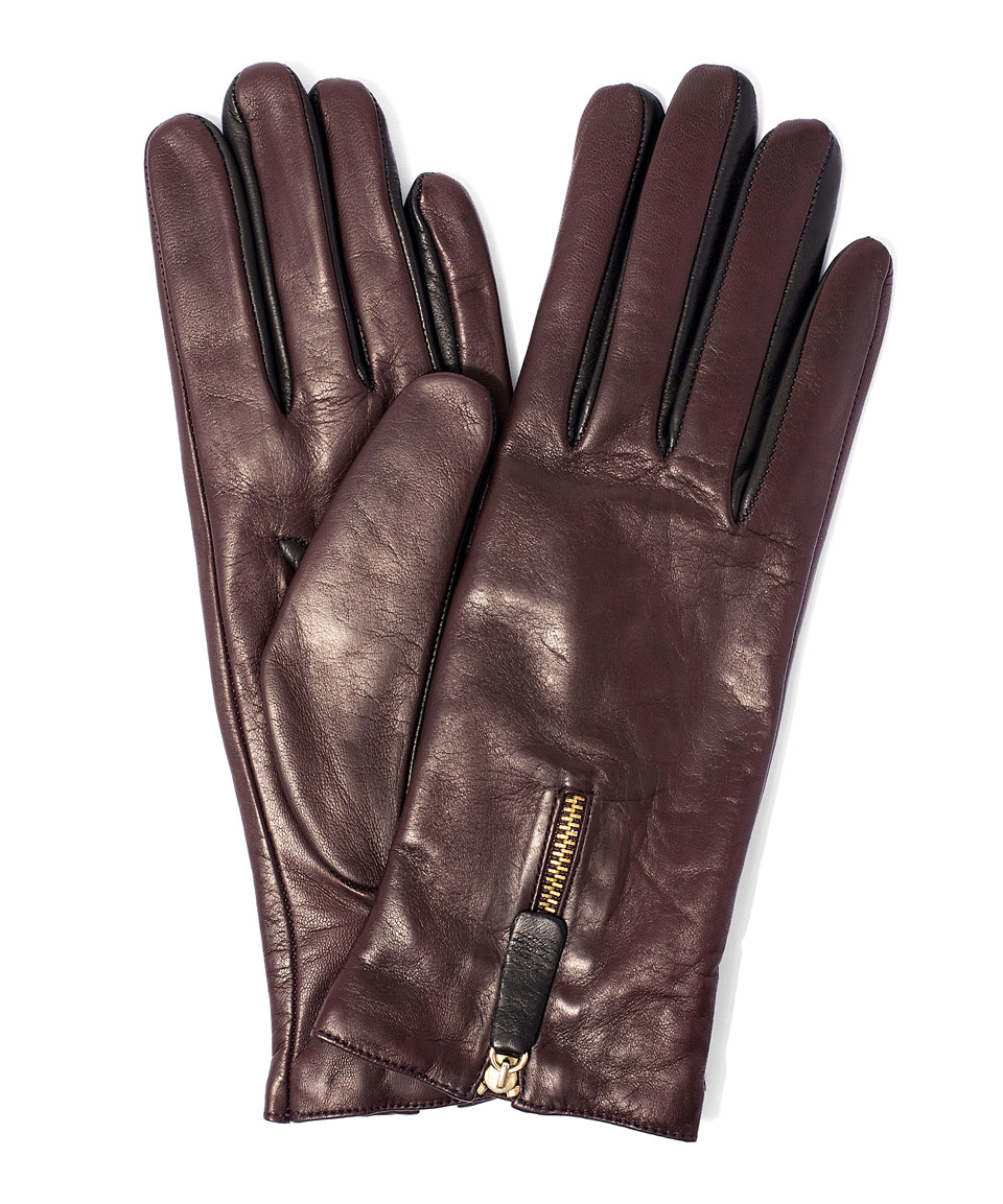 Lyst Portolano Burgundy Contrast Fourchettes Zip Leather Gloves in Purple