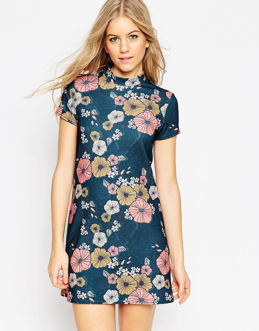 Lyst Asos High  Neck  Mini Dress  In Textured Floral Print 