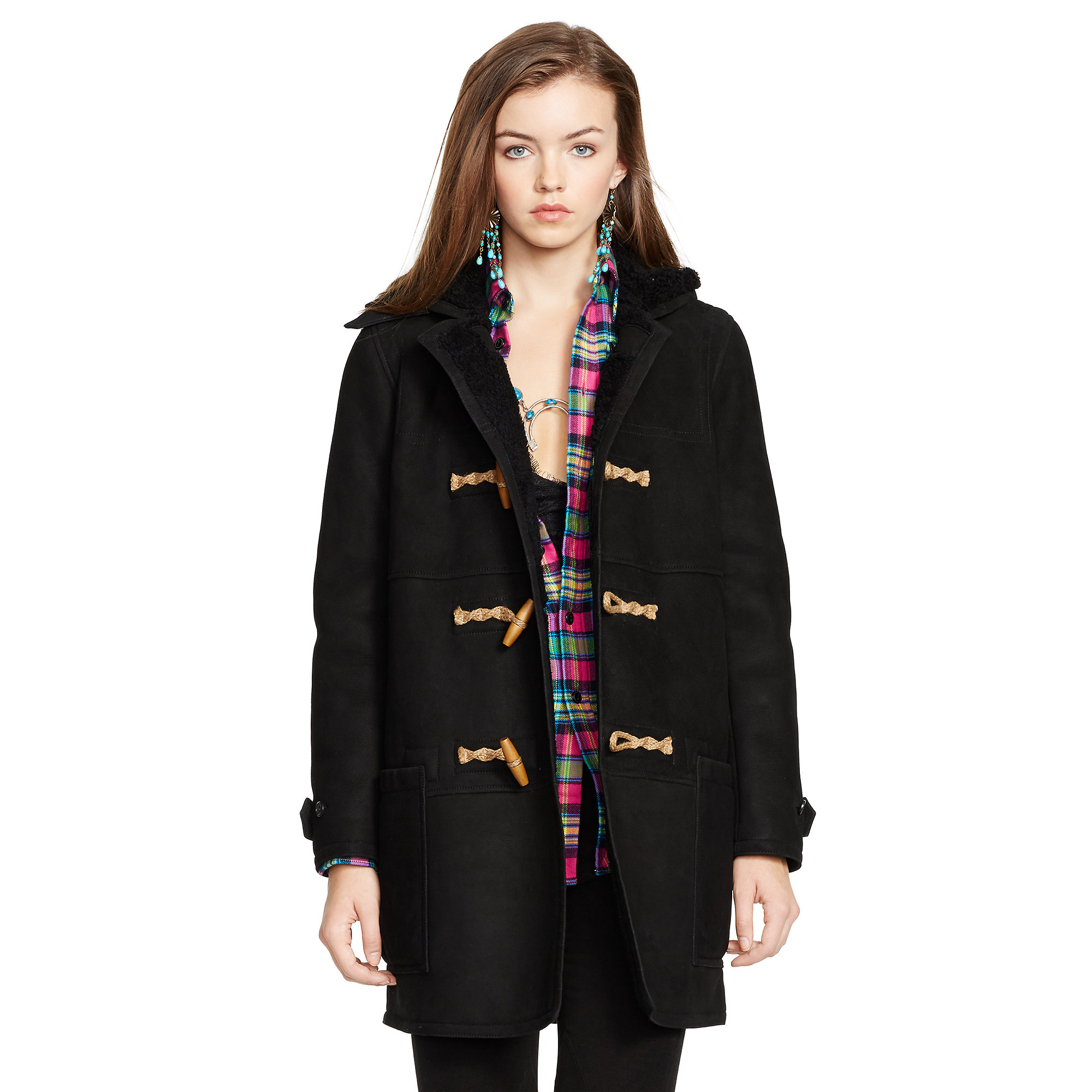 Lyst - Polo Ralph Lauren Hooded Shearling Toggle Coat in Black