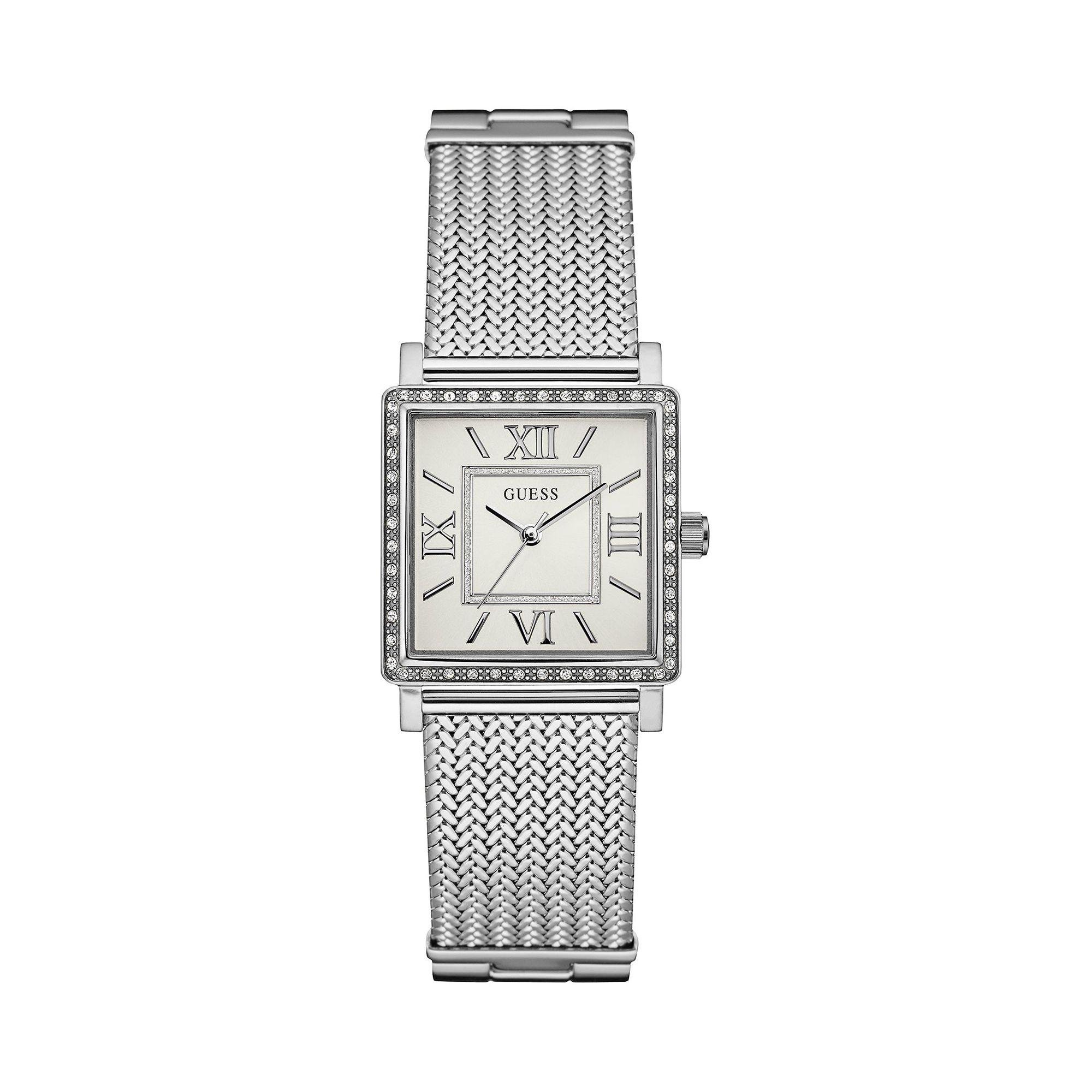 Guess Ladies Silver Watch With Crystal Detailing And Silver Mesh ...