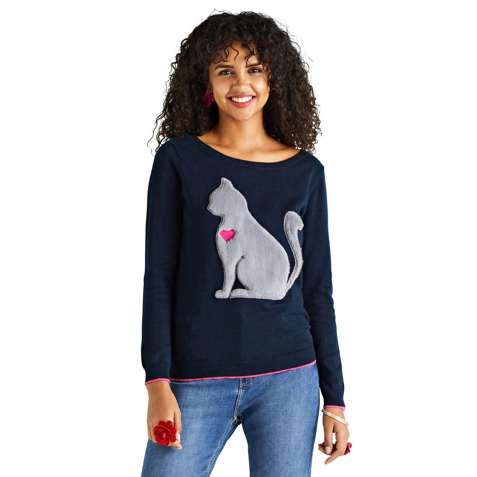 Yumi' Navy Faux Fur Cat Applique Jumper in Blue Lyst