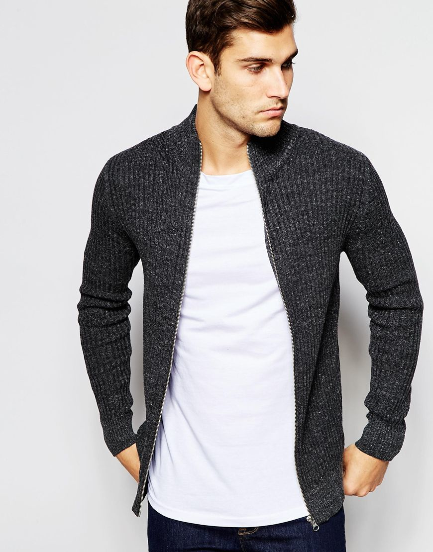 Selected Elected Homme Ribbed Zip Up Knitted Cardigan in Gray for ...