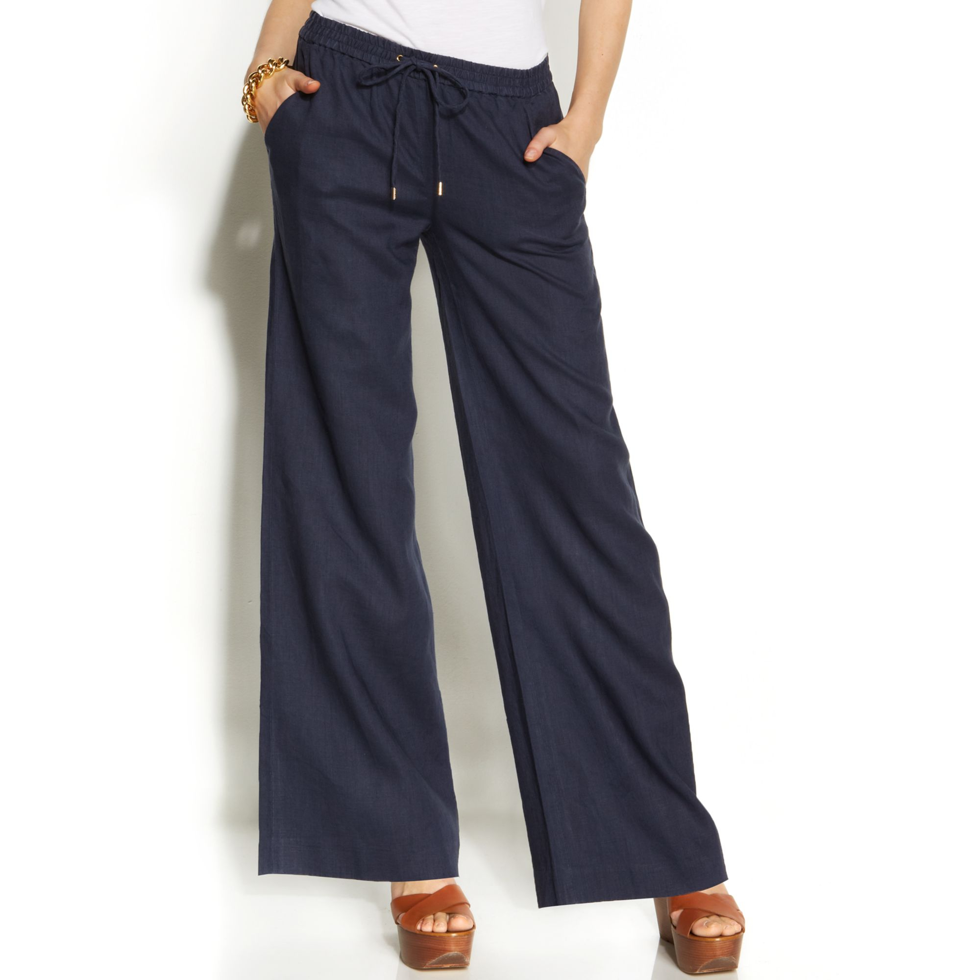 Michael Kors Michael Wideleg Linen Drawstring Pants in Blue (Washed ...