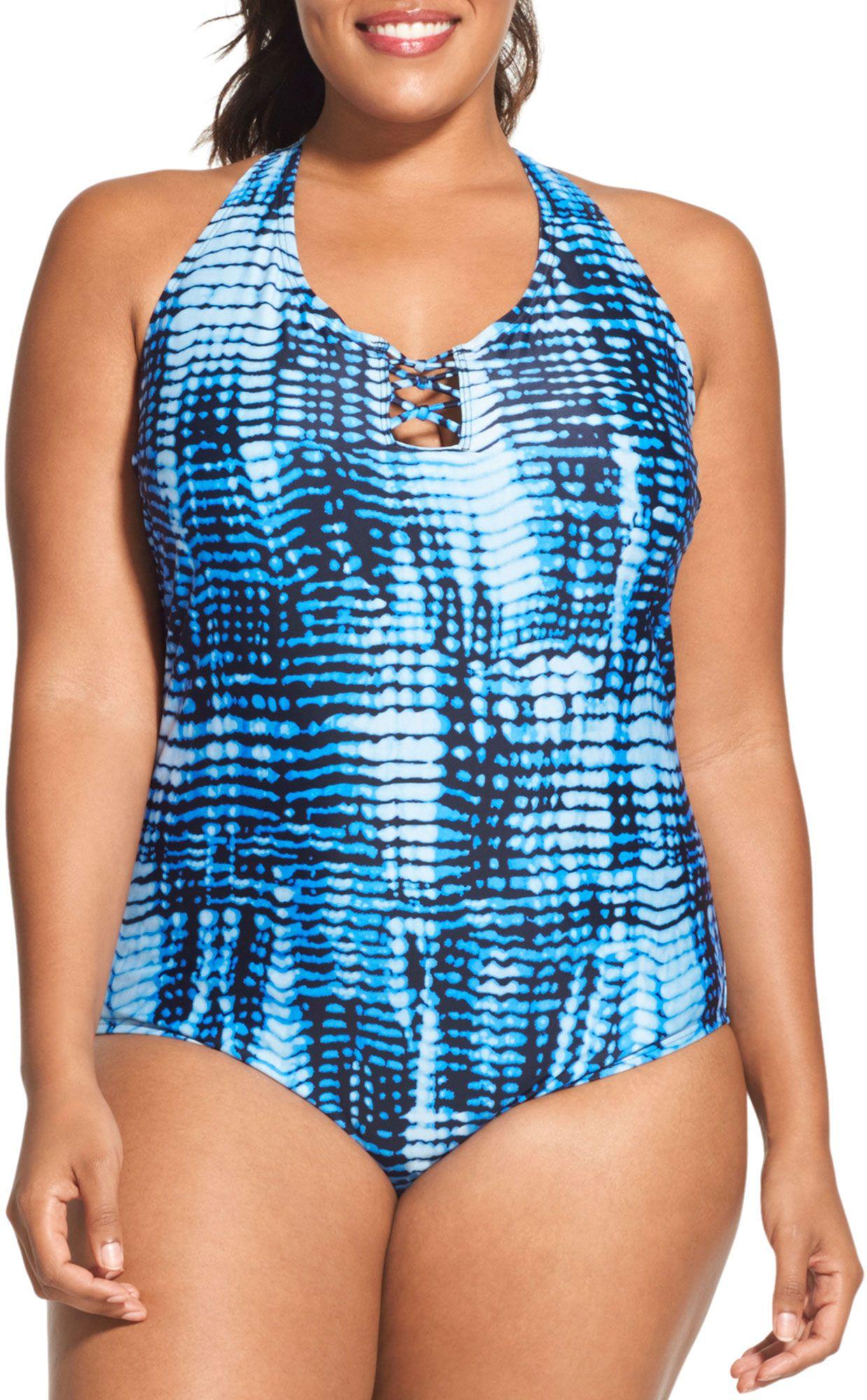 Speedo Plus Size Knotted Racerback One Piece Swimsuit In Blue Lyst 7498