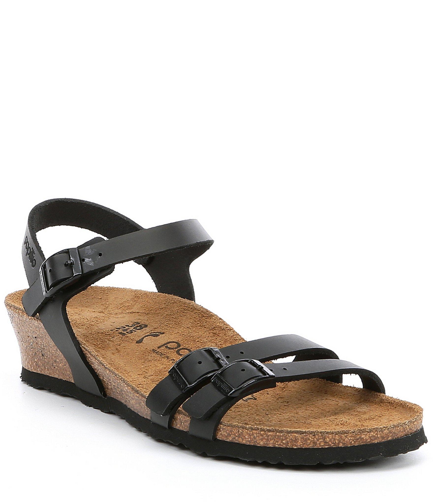 Birkenstock Papillio By Lana Leather Ankle Strap Wedge Sandals in Black ...
